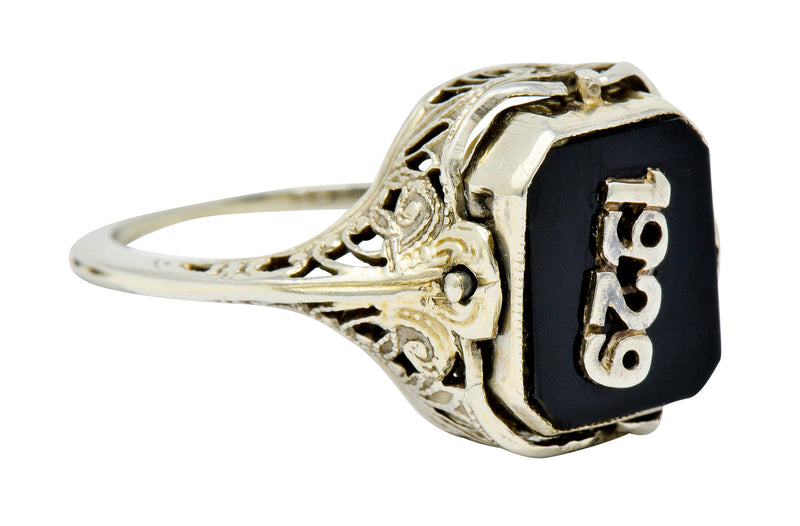 1929 Art Deco Onyx Shell Cameo 14 Karat White Gold Date Flip Ring - Wilson's Estate Jewelry