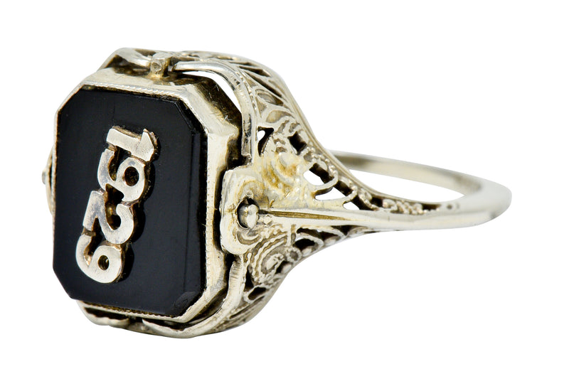 1929 Art Deco Onyx Shell Cameo 14 Karat White Gold Date Flip Ring - Wilson's Estate Jewelry