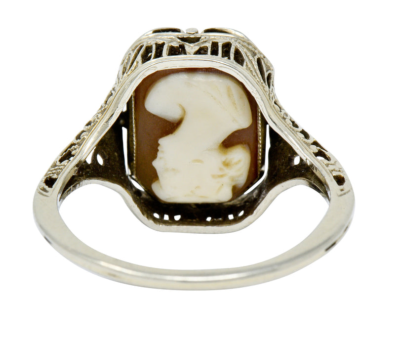 1929 Art Deco Onyx Shell Cameo 14 Karat White Gold Date Flip Ring - Wilson's Estate Jewelry