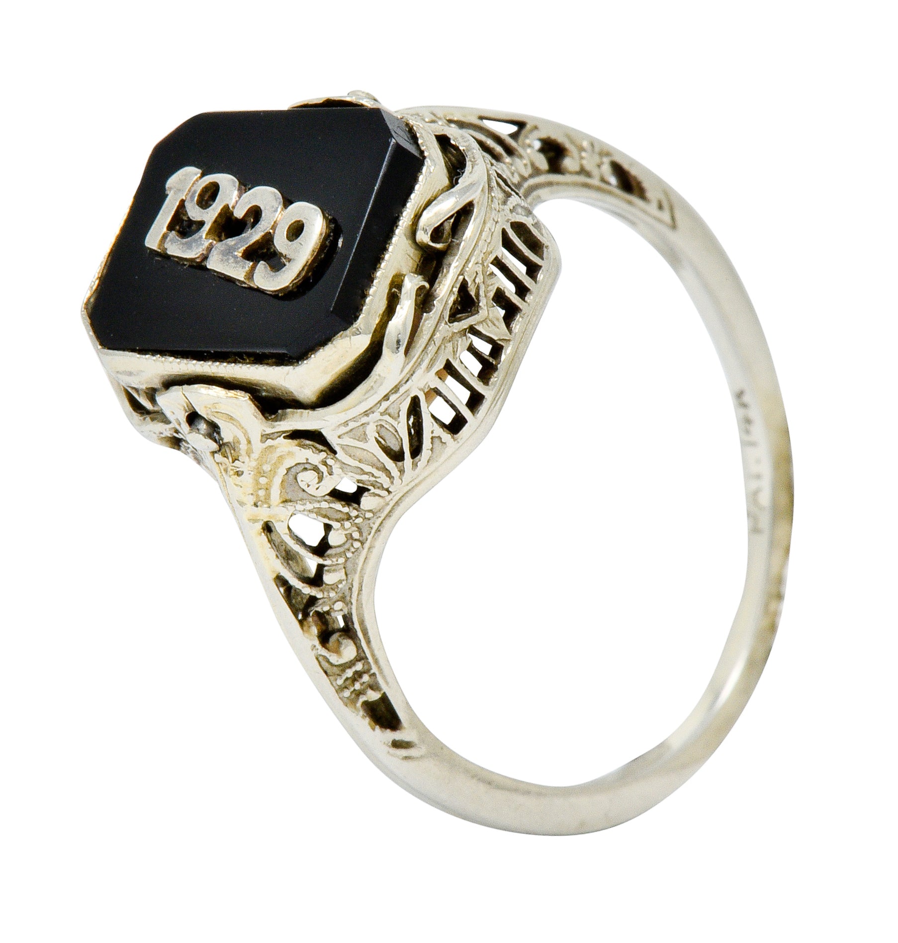 1929 Art Deco Onyx Shell Cameo 14 Karat White Gold Date Flip Ring - Wilson's Estate Jewelry