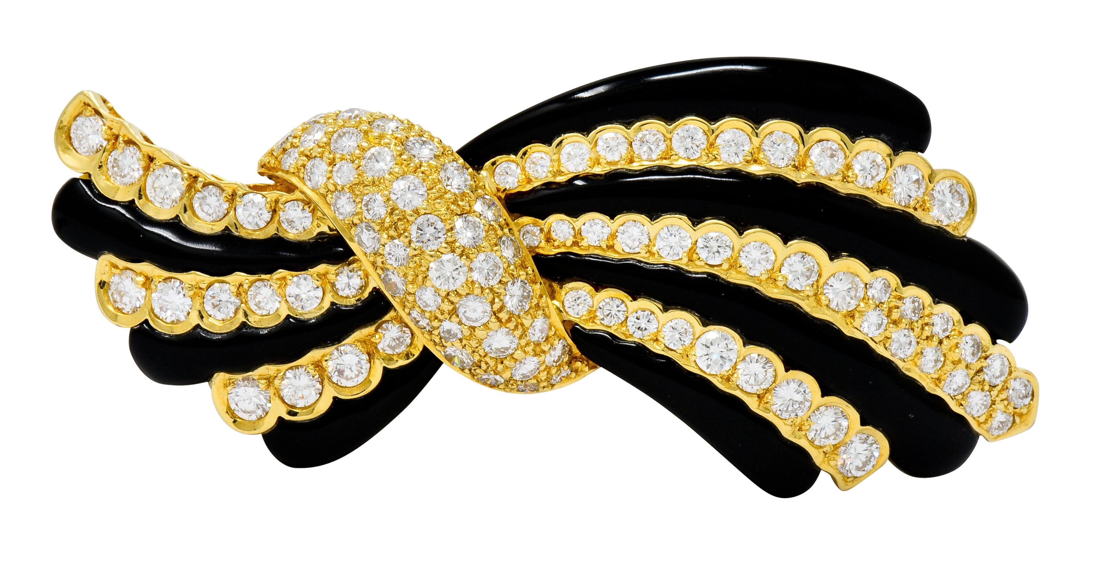 1970's Vintage 5.55 CTW Diamond Onyx 18 Karat Gold Striped Bow Brooch - Wilson's Estate Jewelry