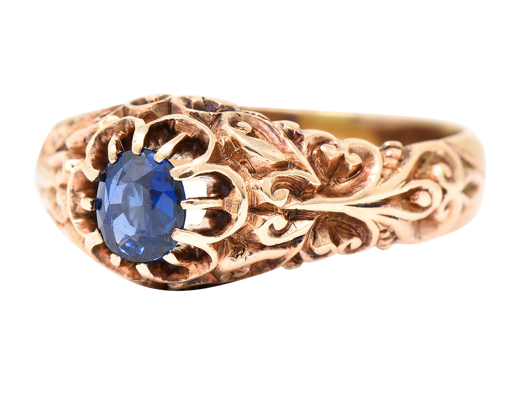 Victorian Sapphire 14 Karat Rose Gold Belcher Scrolling Heart Antique Ring Wilson's Estate Jewelry