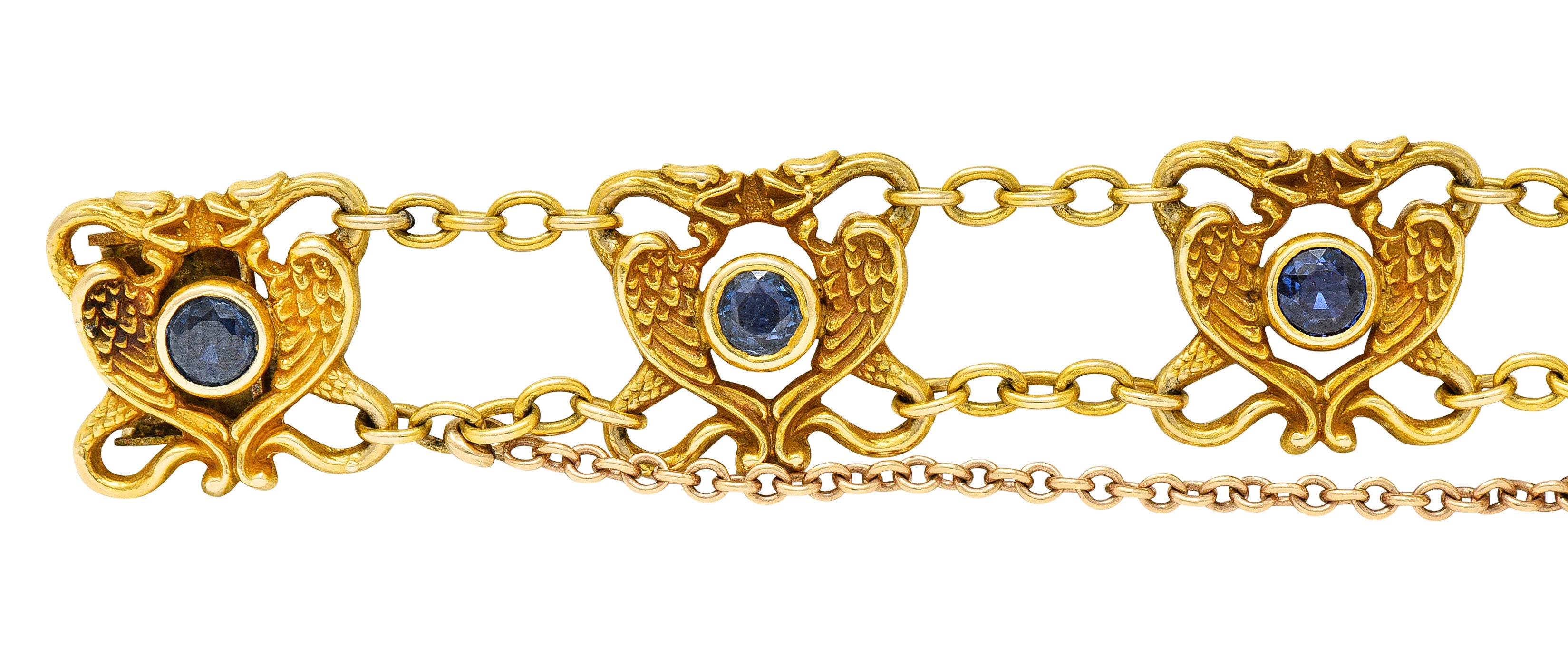 Art Nouveau 2.25 CTW Sapphire 18 Karat Yellow Gold Serpent Dragon Link BraceletBracelets - Wilson's Estate Jewelry