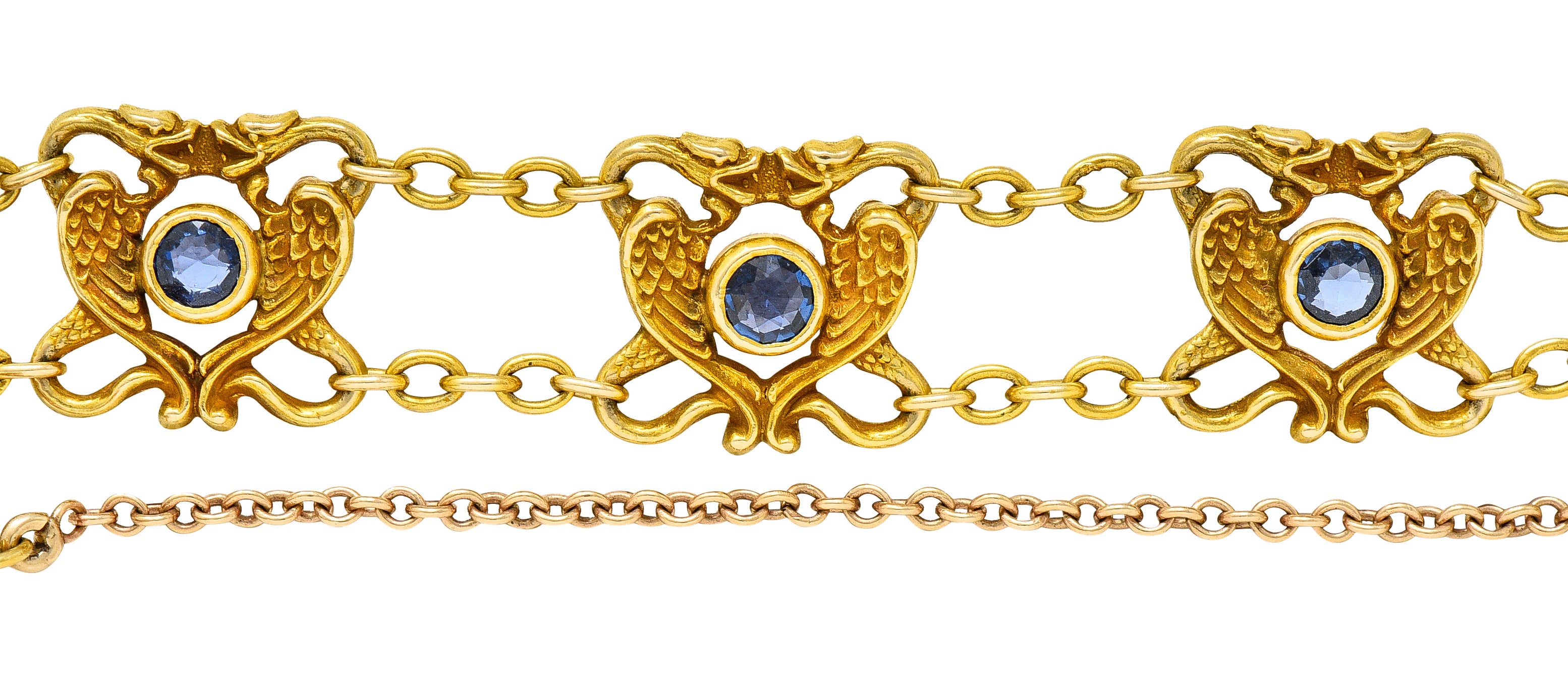 Art Nouveau 2.25 CTW Sapphire 18 Karat Yellow Gold Serpent Dragon Link BraceletBracelets - Wilson's Estate Jewelry