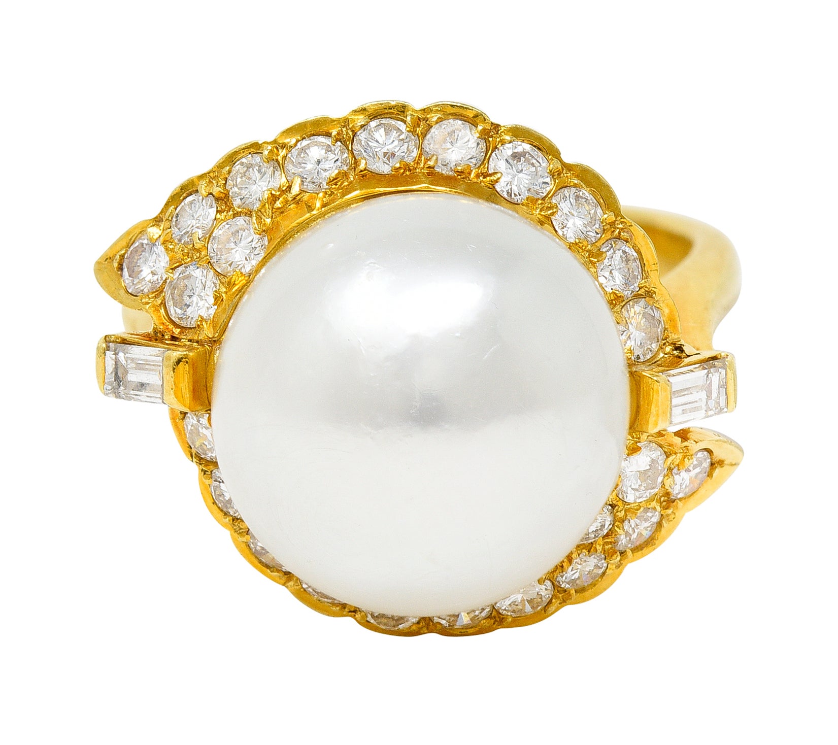 Vintage South Sea Pearl Diamond 18 Karat Yellow Gold Cluster Ring Wilson's Estate Jewelry