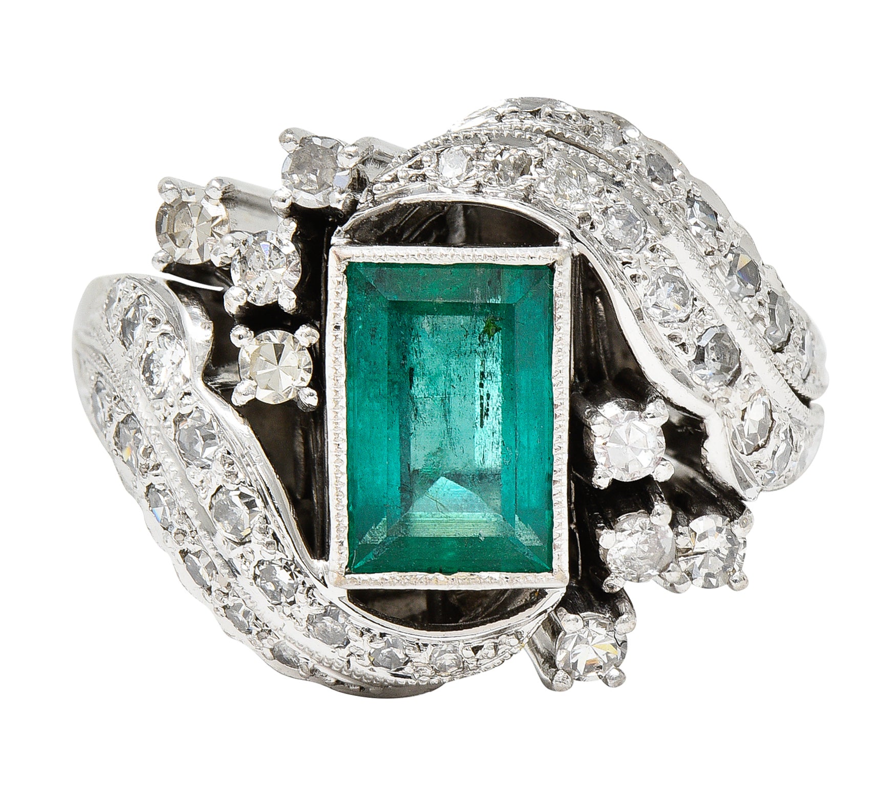 Art Deco 1.90 CTW Emerald Diamond Platinum Bypass Gemstone Cocktail Ring Wilson's Estate Jewelry