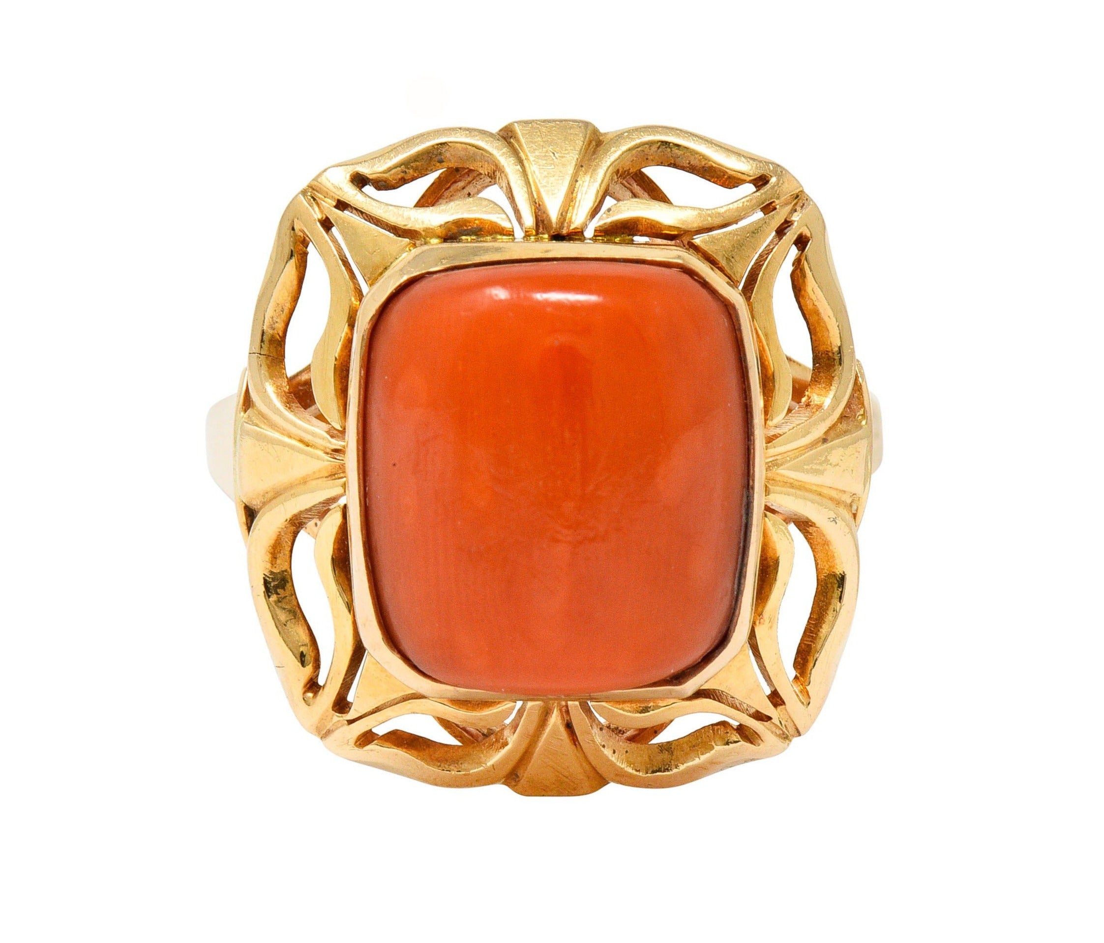 Retro Coral Cabochon 14 Karat Gold Floral Statement RingRing - Wilson's Estate Jewelry