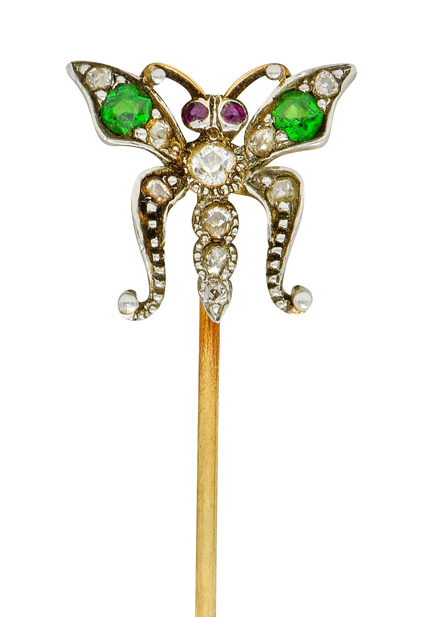 Victorian Demantoid Garnet Diamond Silver-Topped Gold Butterfly Stickpin - Wilson's Estate Jewelry