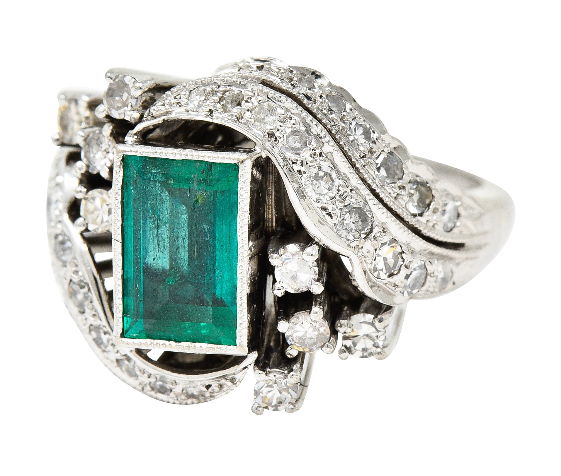 Art Deco 1.90 CTW Emerald Diamond Platinum Bypass Gemstone Cocktail Ring Wilson's Estate Jewelry