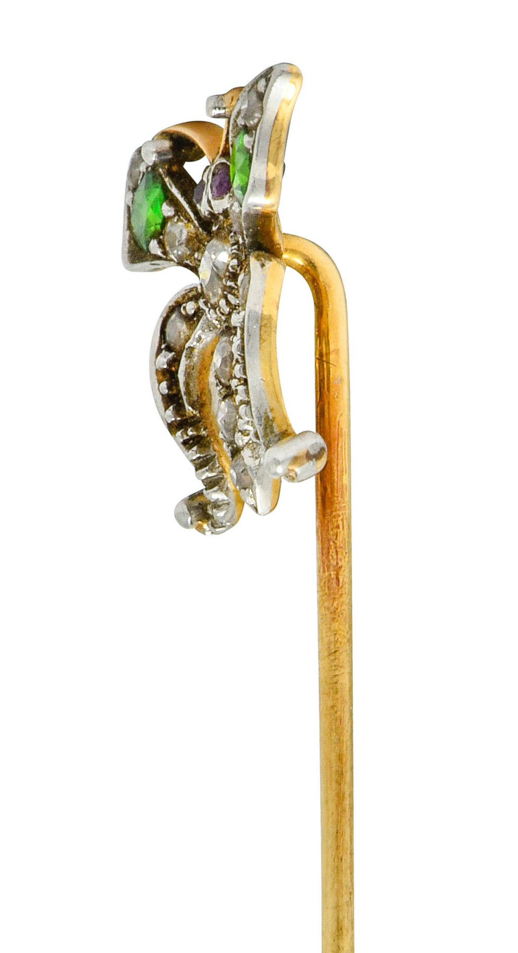 Victorian Demantoid Garnet Diamond Silver-Topped Gold Butterfly Stickpin - Wilson's Estate Jewelry