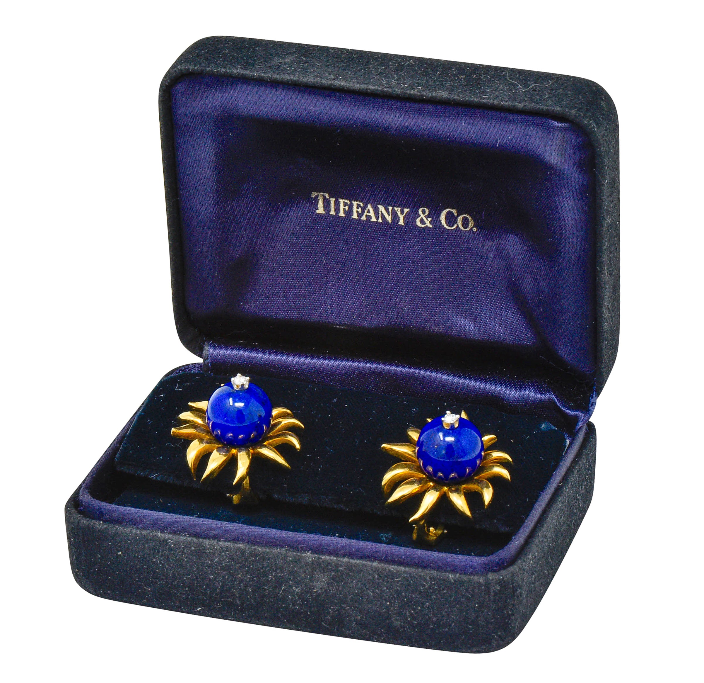 Schlumberger Tiffany & Co. Lapis Diamond 18 Karat Gold Floral Ear-Clip Earrings - Wilson's Estate Jewelry