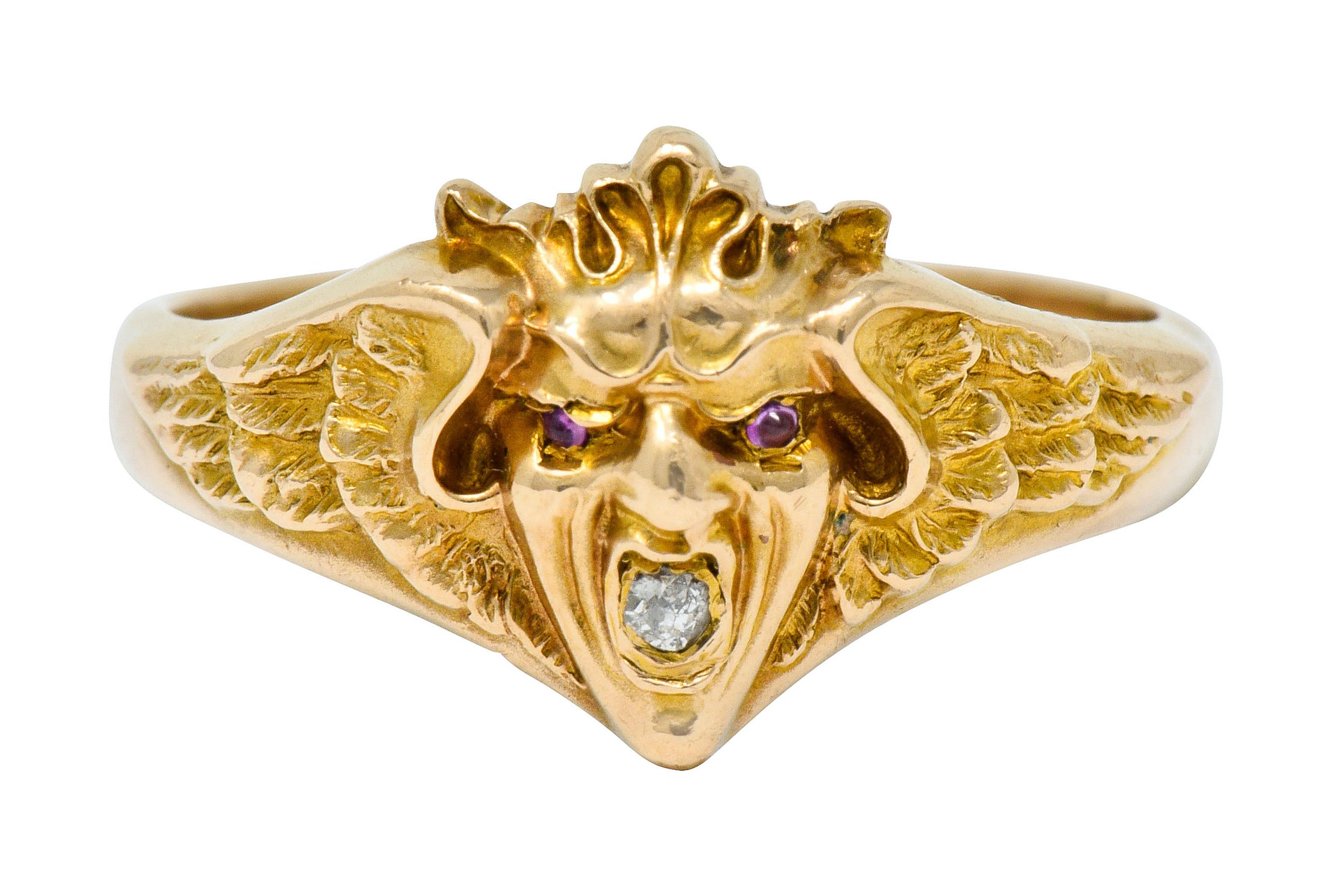 Art Nouveau Diamond Ruby 14 Karat Gold Winged Green Man Band Ring - Wilson's Estate Jewelry