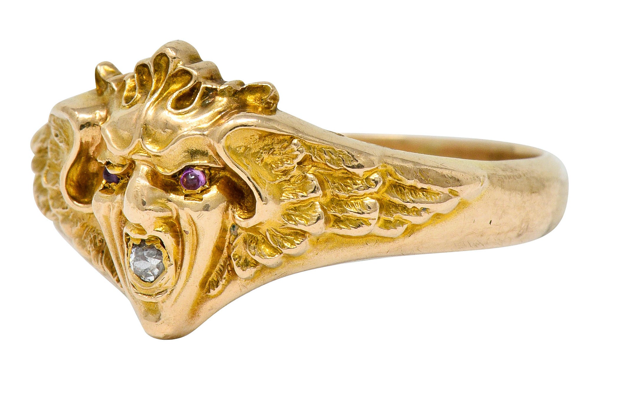 Art Nouveau Diamond Ruby 14 Karat Gold Winged Green Man Band Ring - Wilson's Estate Jewelry