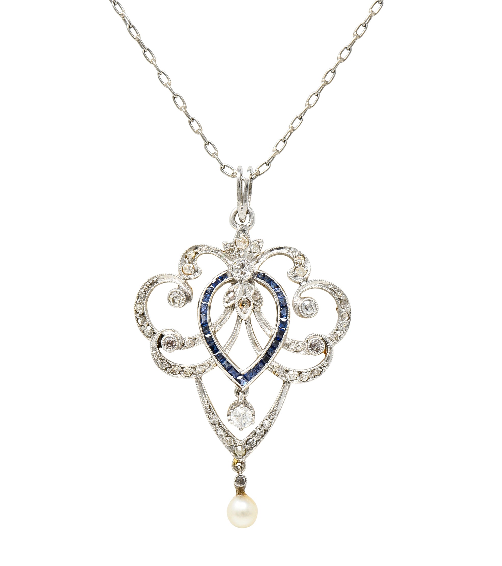 Edwardian Diamond Sapphire Pearl Platinum-Topped 14 Karat Yellow Gold Scrolling Ribbon Antique Pendant Necklace Wilson's Estate Jewelry