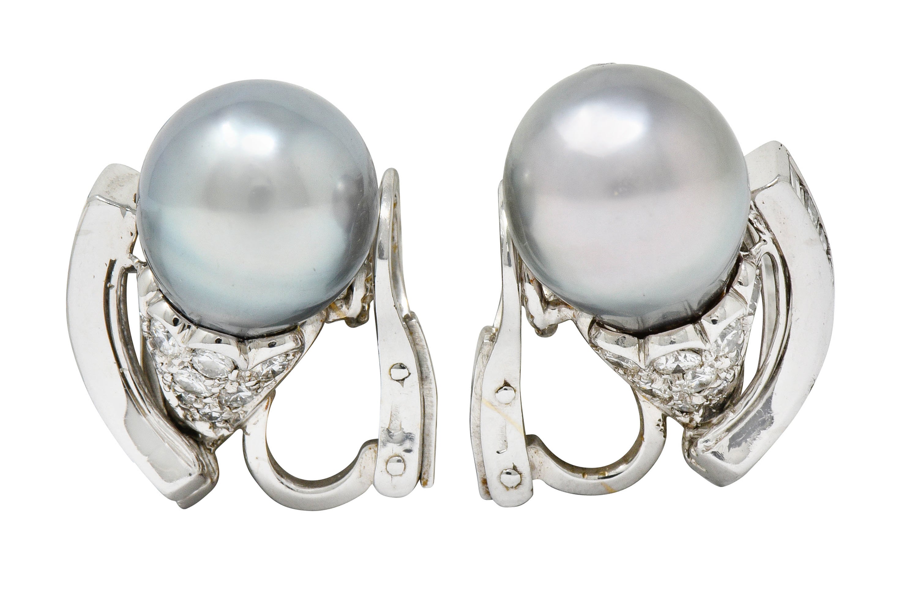 Petochi Vintage 3.25 CTW Diamond Cultured Pearl Platinum Ear-Clip Earrings - Wilson's Estate Jewelry