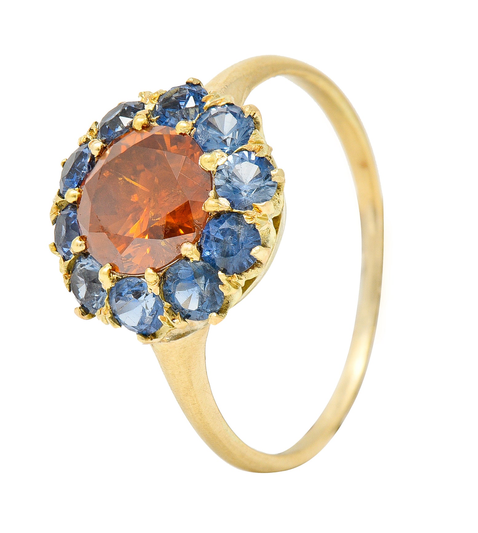 Vintage Fancy Orange Diamond Sapphire 14 Karat Yellow Gold Cluster Ring GIA Wilson's Estate Jewelry