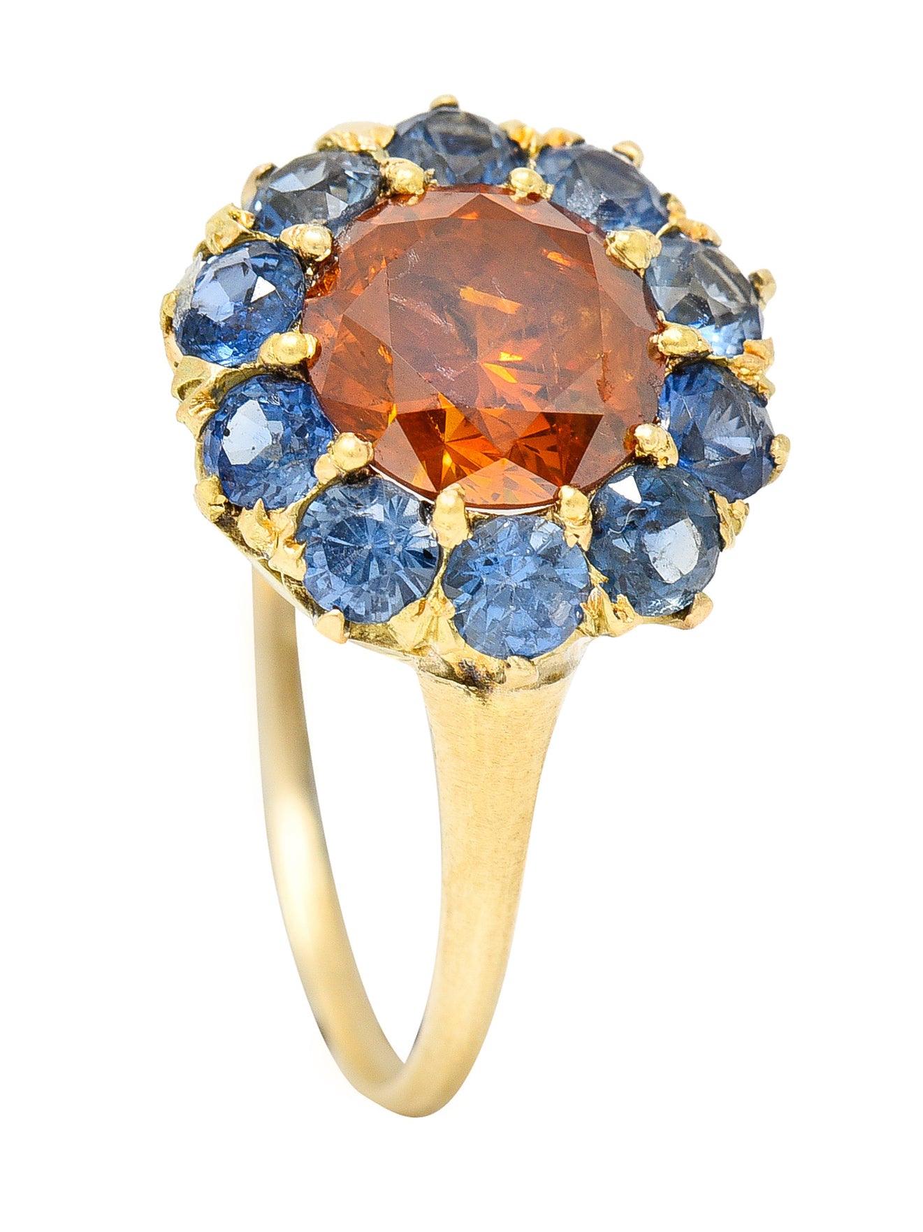 Vintage Fancy Orange Diamond Sapphire 14 Karat Yellow Gold Cluster Ring GIA Wilson's Estate Jewelry