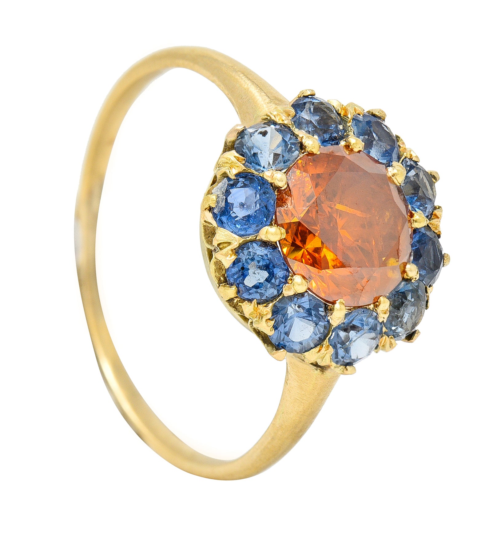 Vintage Fancy Orange Diamond Sapphire 14 Karat Yellow Gold Cluster Ring GIA Wilson's Estate Jewelry