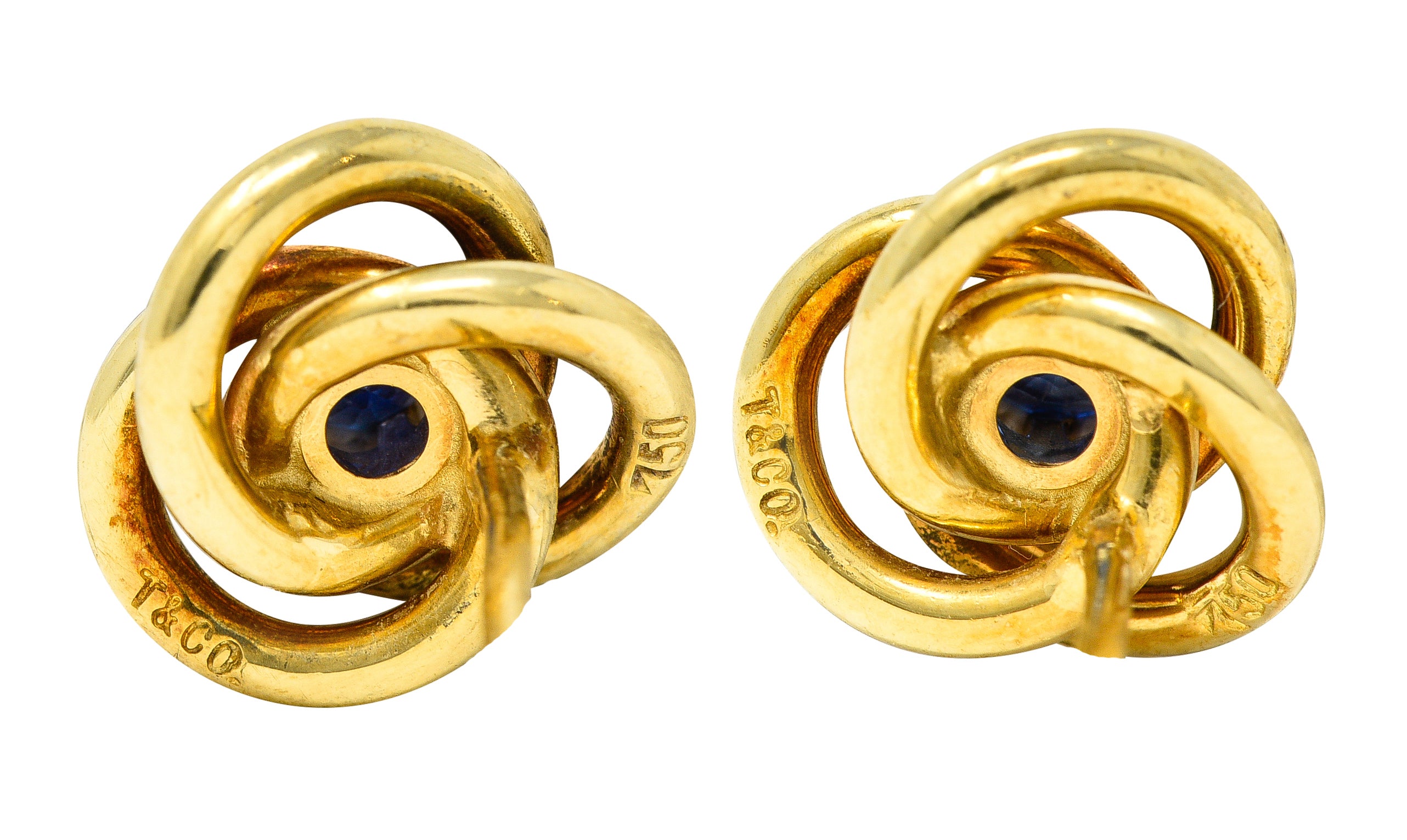 1990's Tiffany & Co. 0.50 Sapphire 18 Karat Yellow Gold Vintage Tiffany Knot Stud Earrings Wilson's Estate Jewelry