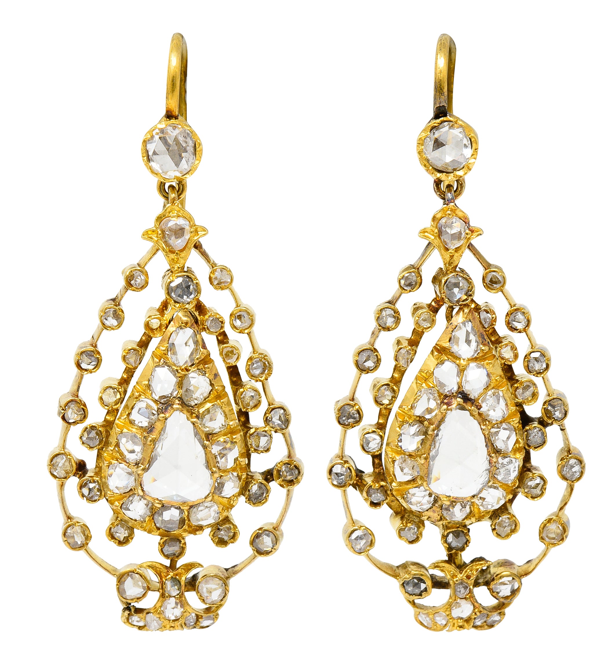 Georgian 1.50 CTW Rose Cut Diamond 18 Karat Yellow Gold Drop Earrings Wilson's Estate Jewelry