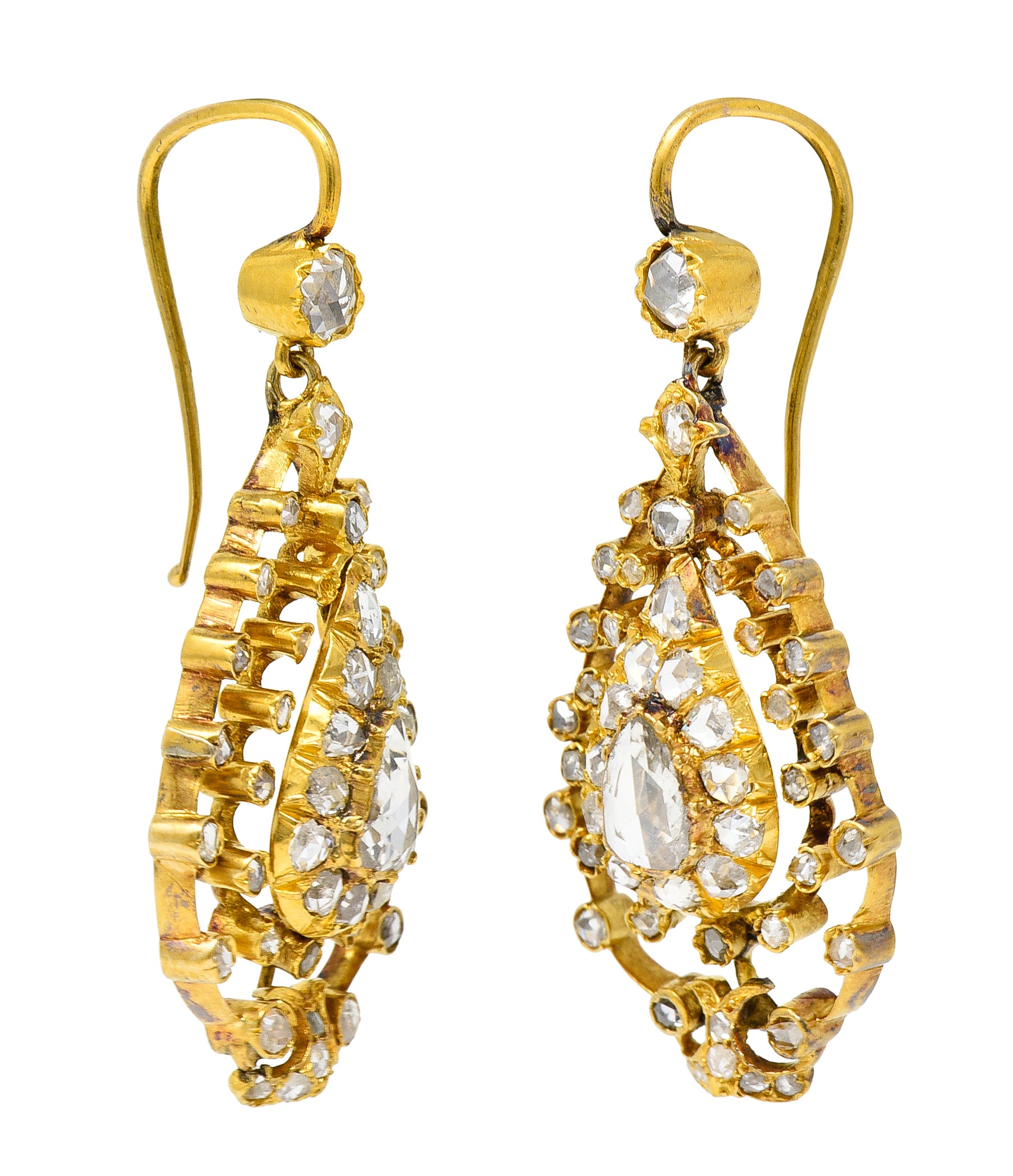 Georgian 1.50 CTW Rose Cut Diamond 18 Karat Yellow Gold Drop Earrings Wilson's Estate Jewelry