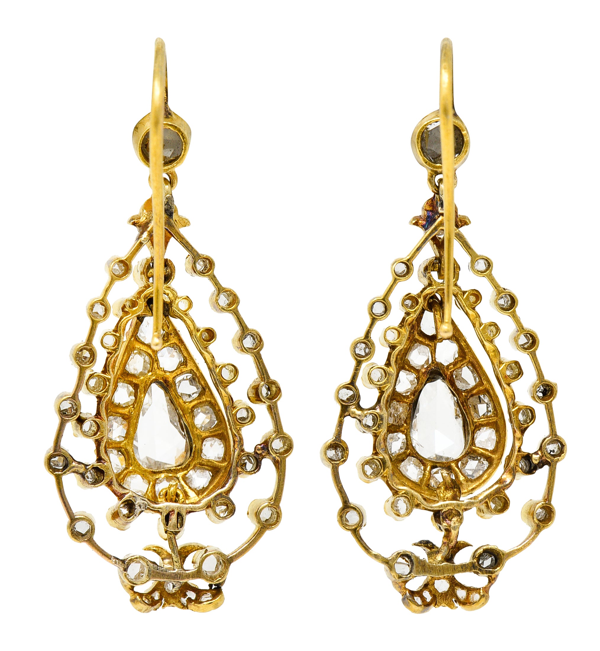 Georgian 1.50 CTW Rose Cut Diamond 18 Karat Yellow Gold Drop Earrings Wilson's Estate Jewelry