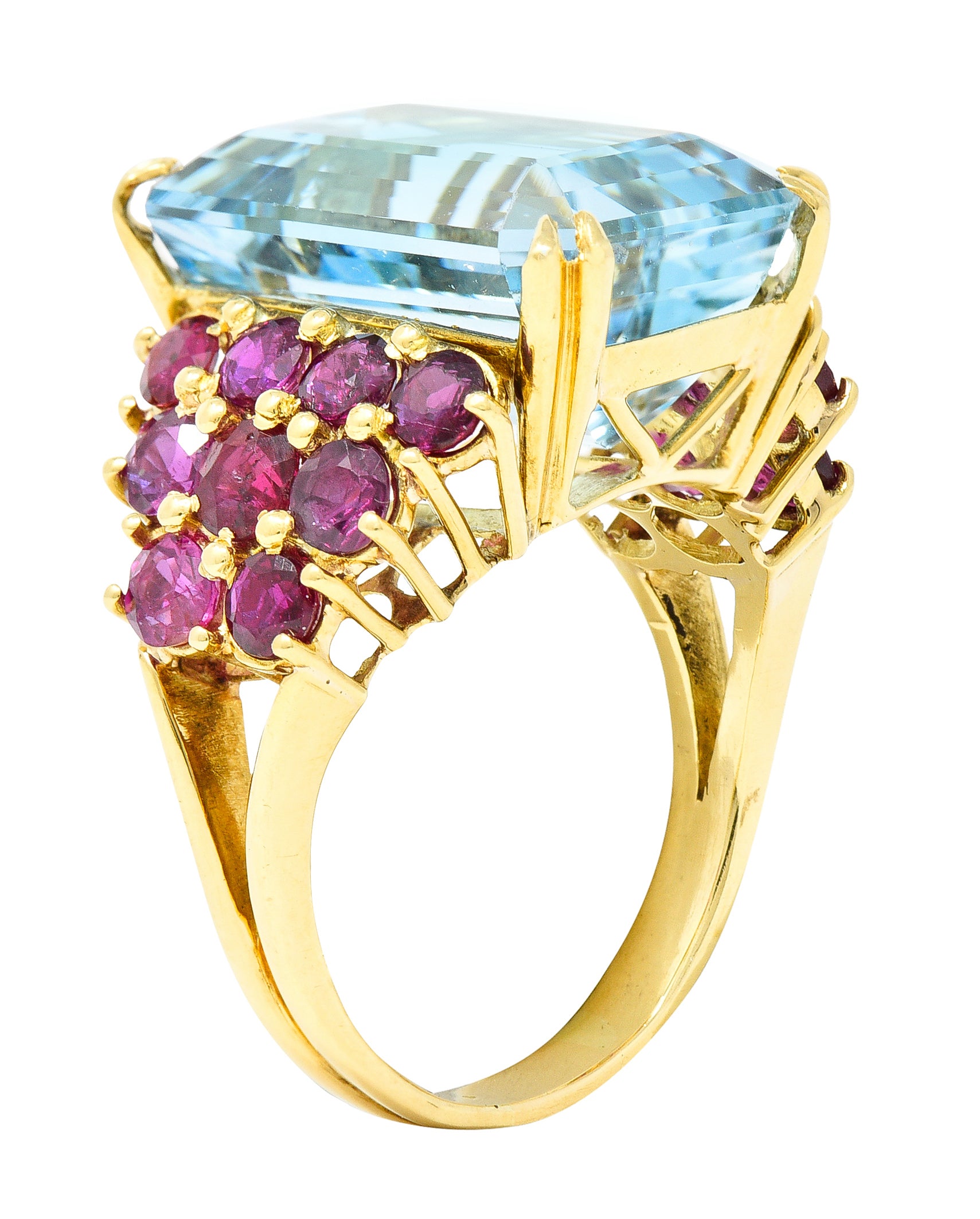 Retro 17.12 CTW Emerald Cut Aquamarine Ruby 18 Karat Yellow Gold Vintage Cocktail Ring Wilson's Estate Jewelry