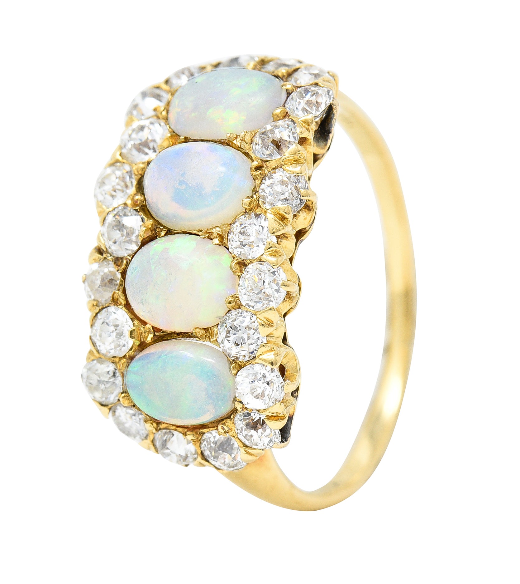 Victorian 1.32 CTW Opal Cabochon Old European Cut Diamond 18 Karat Yellow Gold Antique Cluster Ring Wilson's Estate Jewelry