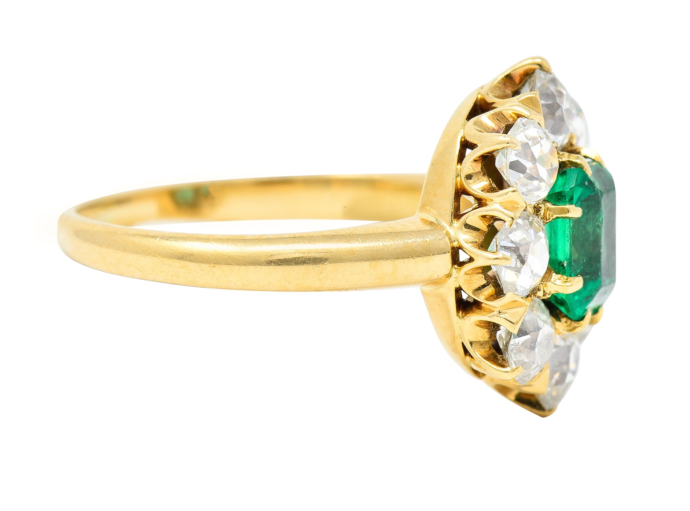 Edwardian 1.54 CTW Emerald Old European Cut Diamond 18 Karat Yellow Gold Antique Cluster Ring Wilson's Estate Jewelry