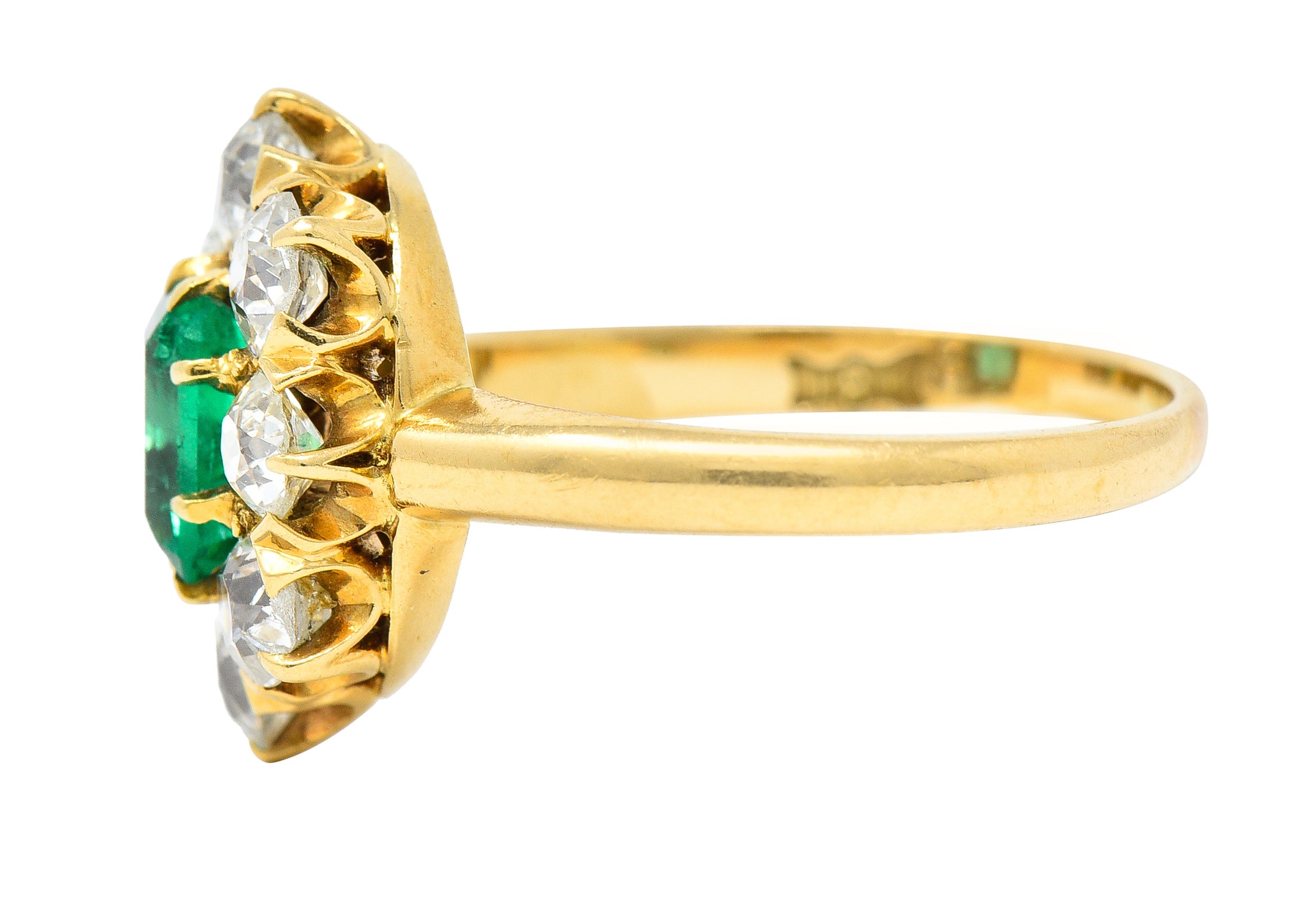 Edwardian 1.54 CTW Emerald Old European Cut Diamond 18 Karat Yellow Gold Antique Cluster Ring Wilson's Estate Jewelry