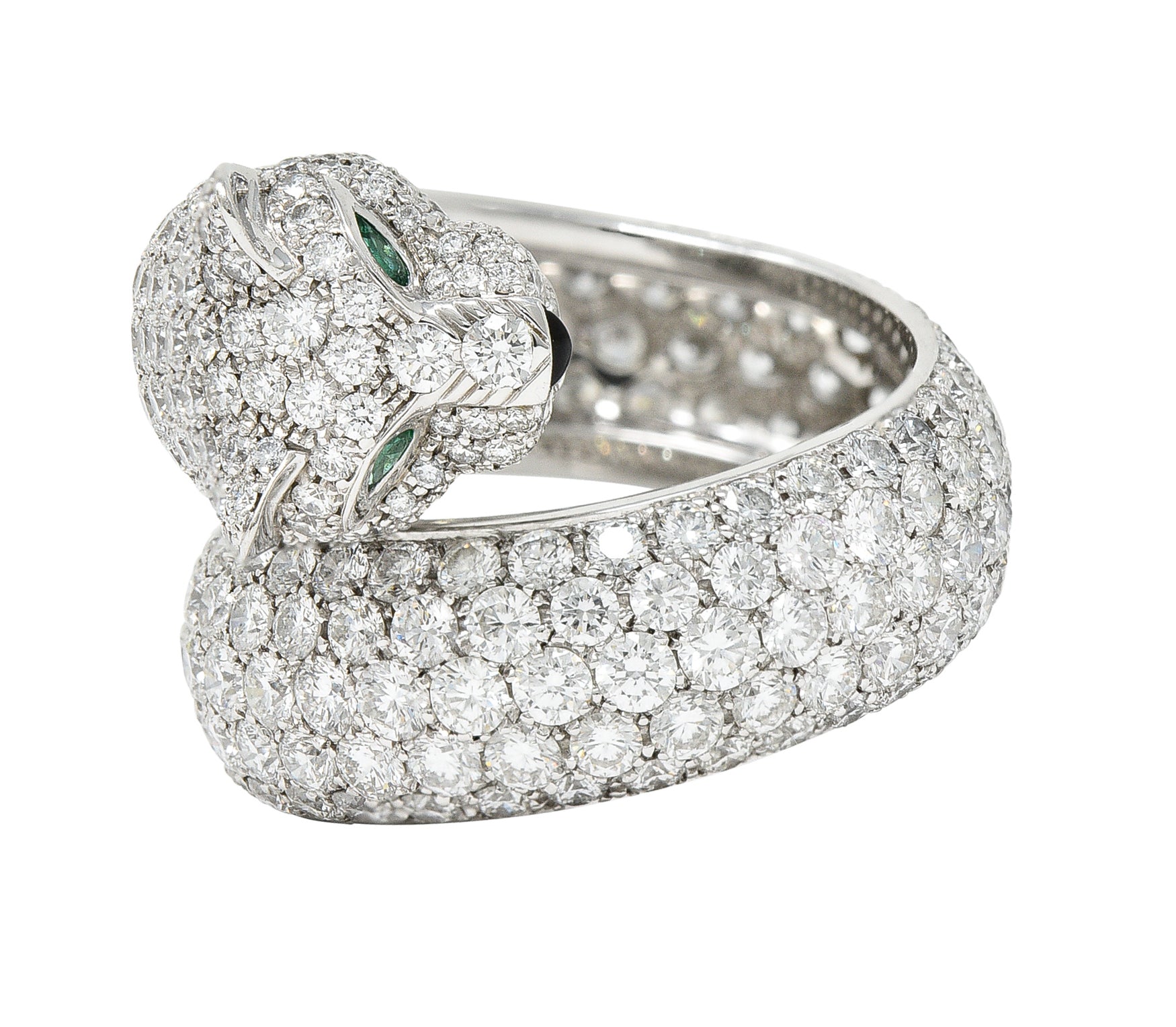 Cartier French 6.57 CTW Diamond Emerald 18 Karat White Gold Panthere Bypass RingRings - Wilson's Estate Jewelry