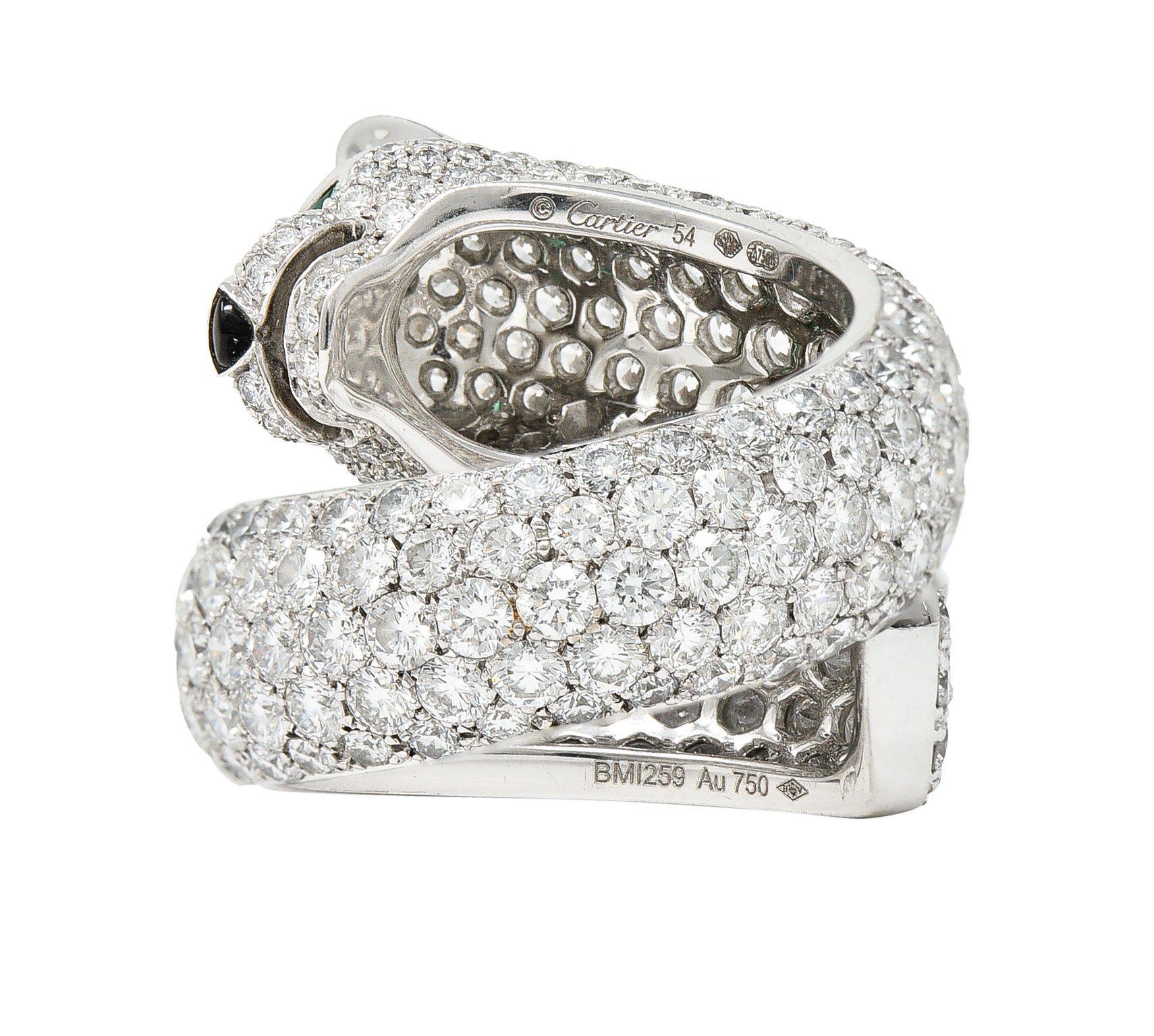 Cartier French 6.57 CTW Diamond Emerald 18 Karat White Gold Panthere Bypass RingRings - Wilson's Estate Jewelry