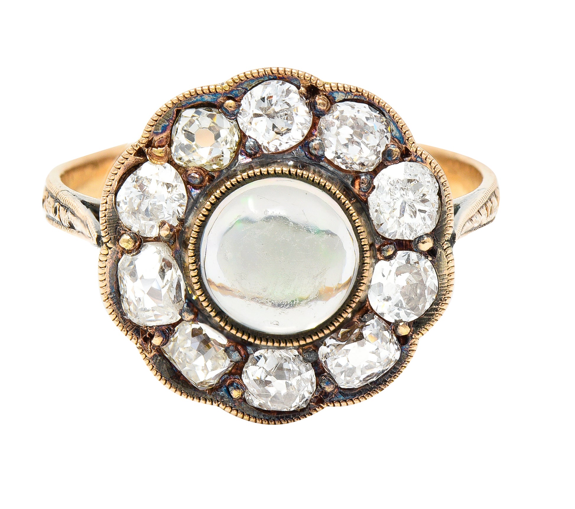 Victorian 1.08 CTW Jelly Opal Cabochon Old Mine Cut Diamond 18 Karat Rose Gold Antique Halo Ring Wilson's Estate Jewelry