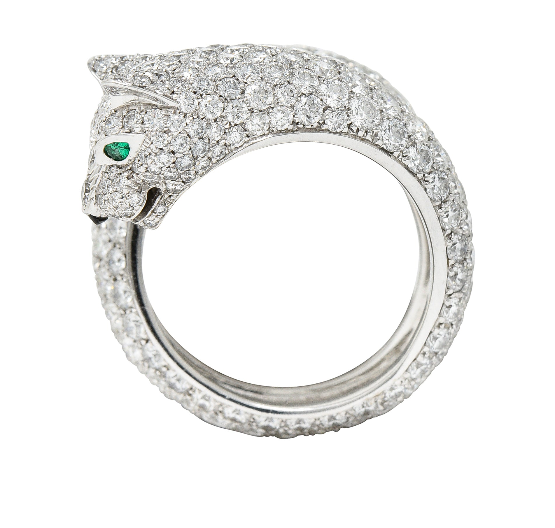 Cartier French 6.57 CTW Diamond Emerald 18 Karat White Gold Panthere Bypass RingRings - Wilson's Estate Jewelry