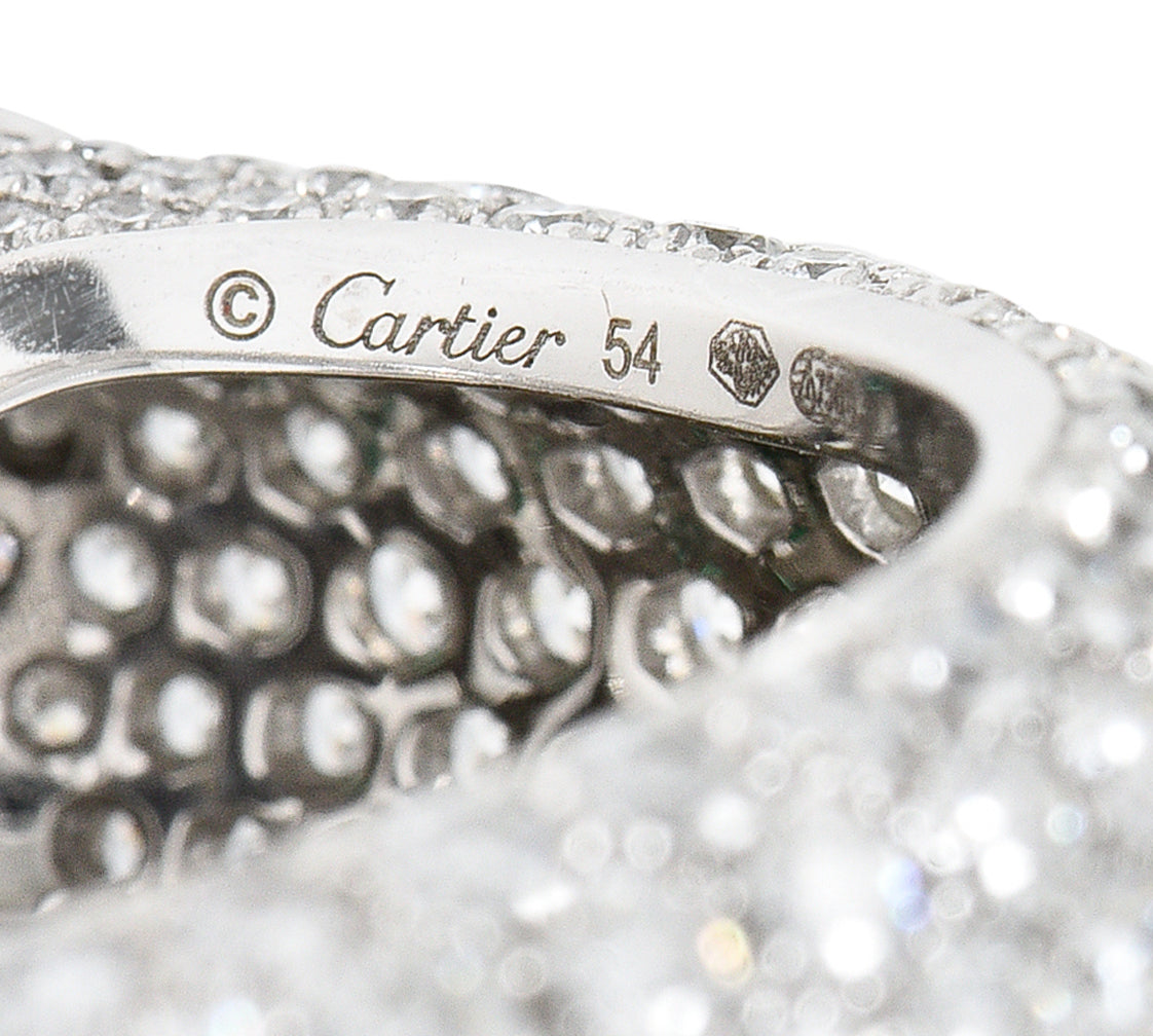 Cartier French 6.57 CTW Diamond Emerald 18 Karat White Gold Panthere Bypass RingRings - Wilson's Estate Jewelry