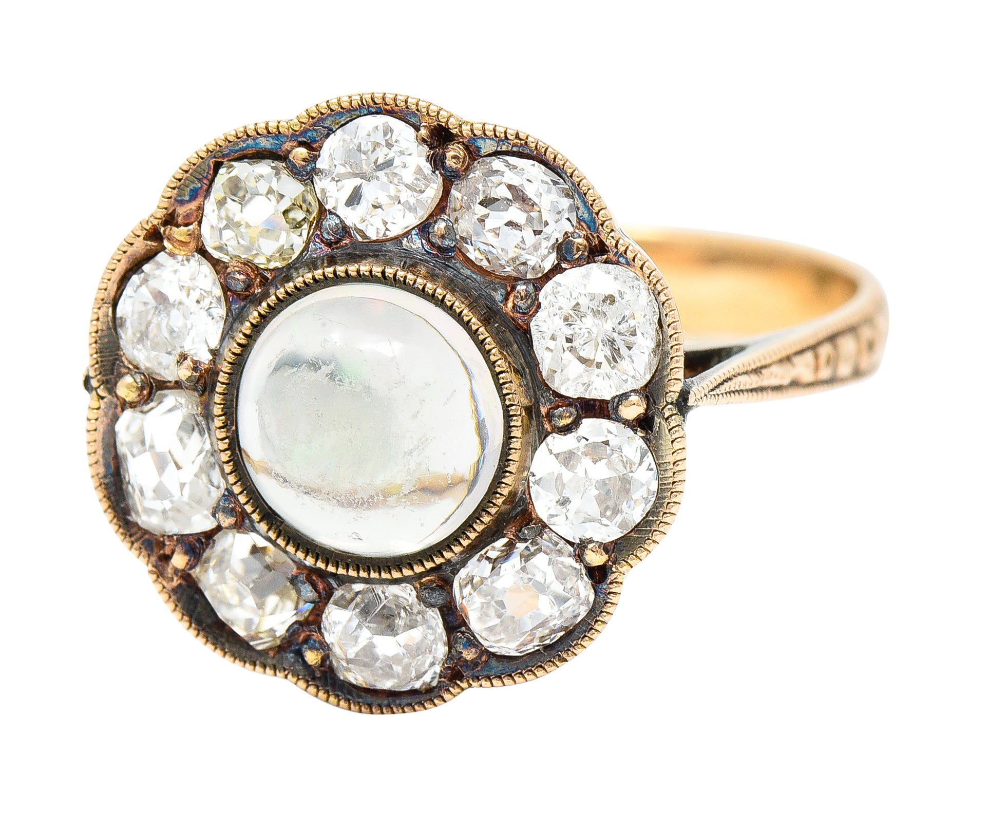 Victorian 1.08 CTW Jelly Opal Cabochon Old Mine Cut Diamond 18 Karat Rose Gold Antique Halo Ring Wilson's Estate Jewelry