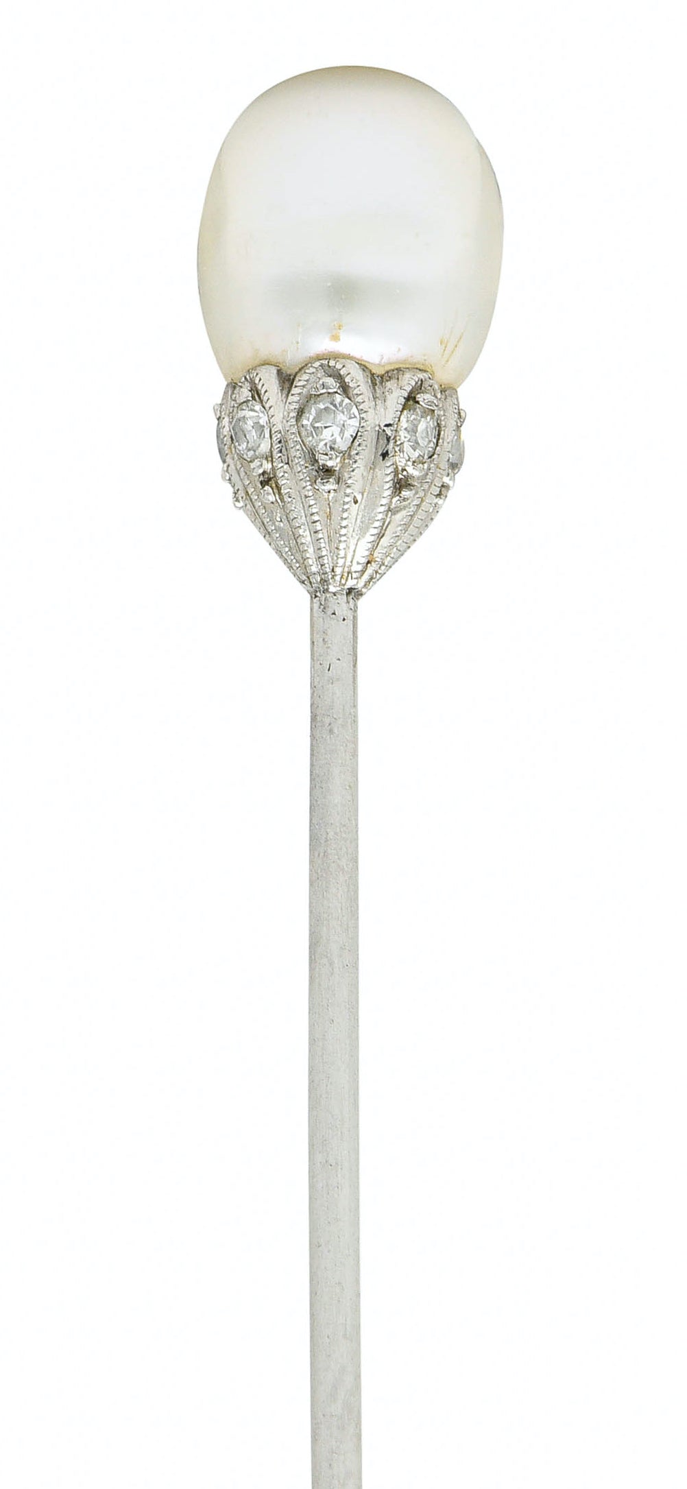 Edwardian Natural Freshwater Pearl Diamond Platinum Stickpin GIAStick Pin - Wilson's Estate Jewelry