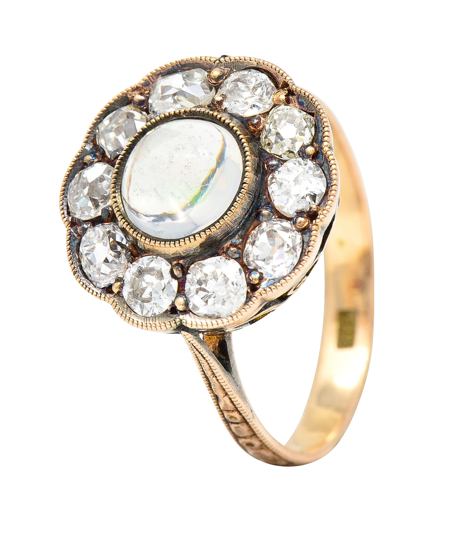 Victorian 1.08 CTW Jelly Opal Cabochon Old Mine Cut Diamond 18 Karat Rose Gold Antique Halo Ring Wilson's Estate Jewelry