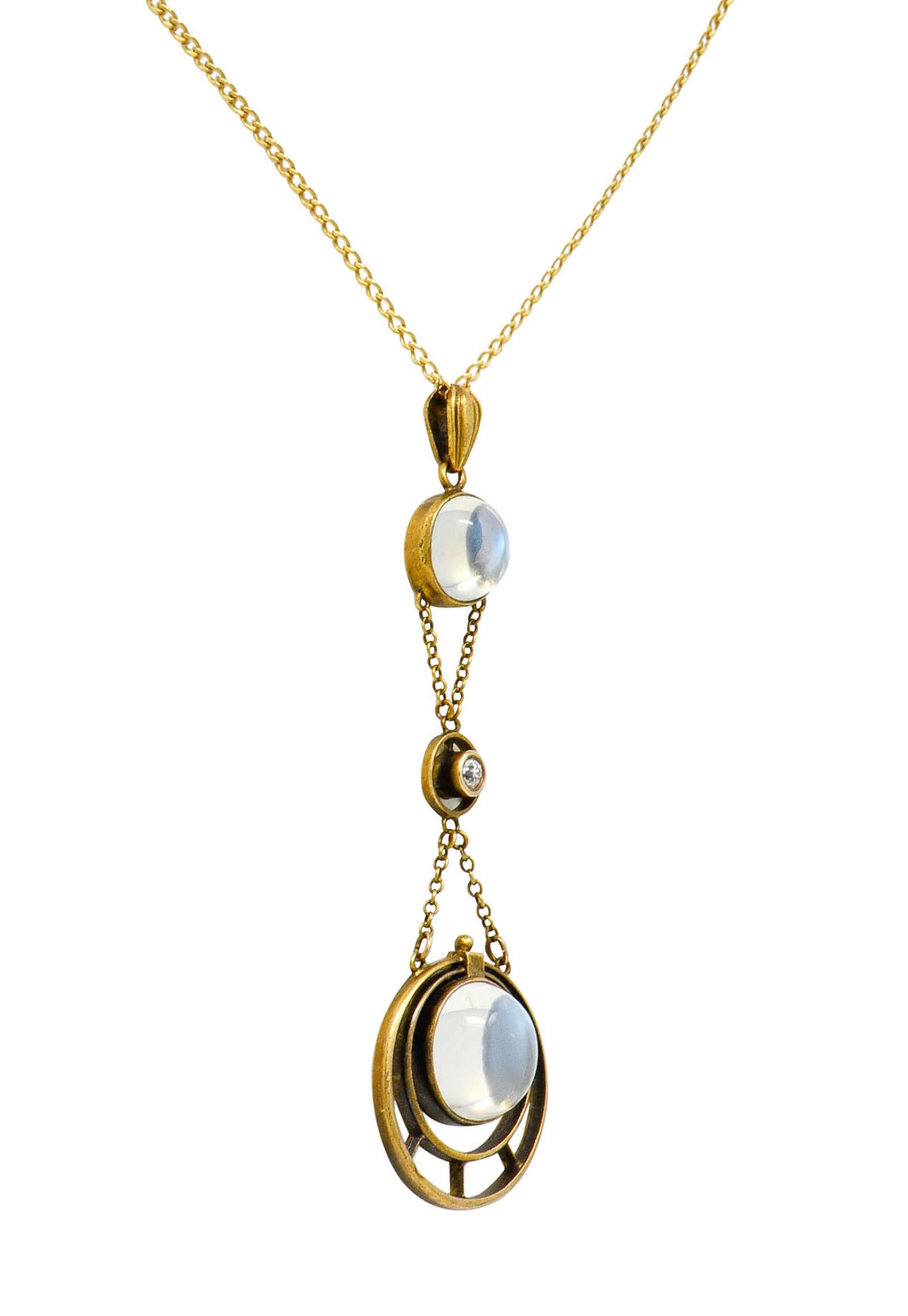 Art Nouveau Moonstone Diamond 14 Karat Gold Drop Swag Necklace - Wilson's Estate Jewelry