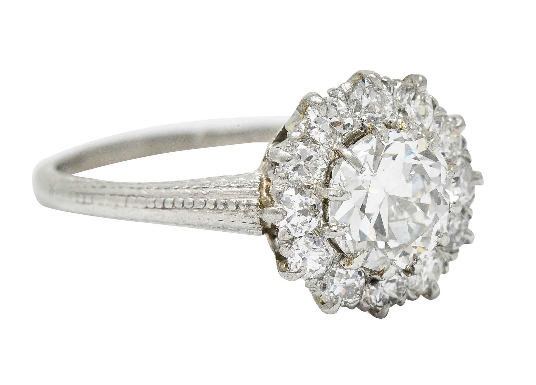 Early Art Deco 1.50 CTW Diamond Platinum Cluster Engagement Ring GIARing - Wilson's Estate Jewelry