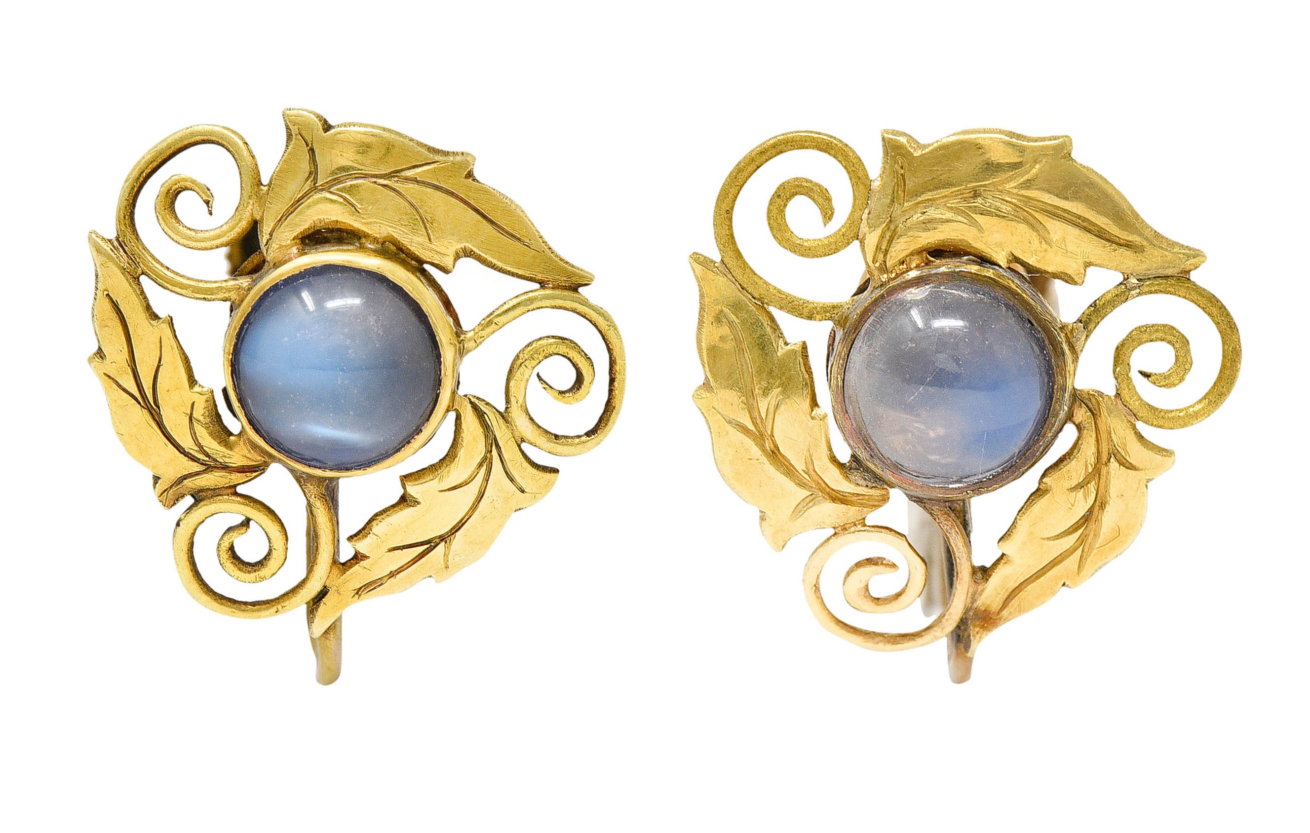 Arts & Crafts Moonstone 18 Karat Gold Foliate Screwback EarringsEarrings - Wilson's Estate Jewelry