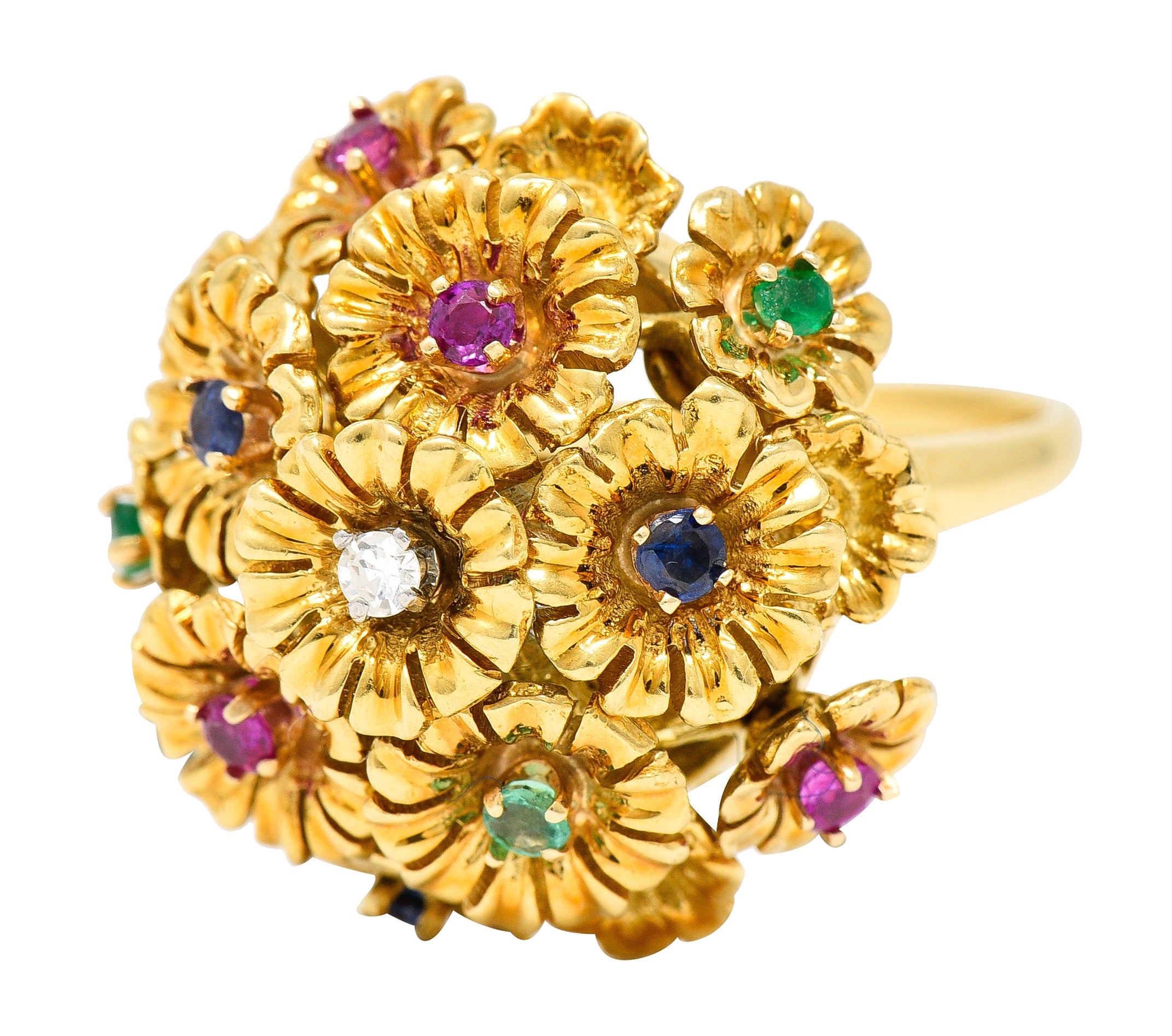 French Place Vendôme 0.35 CTW Sapphire Emerald Ruby Diamond 18 Karat Yellow Gold Vintage Tremblant Flower Ring Wilson's Estate Jewelry