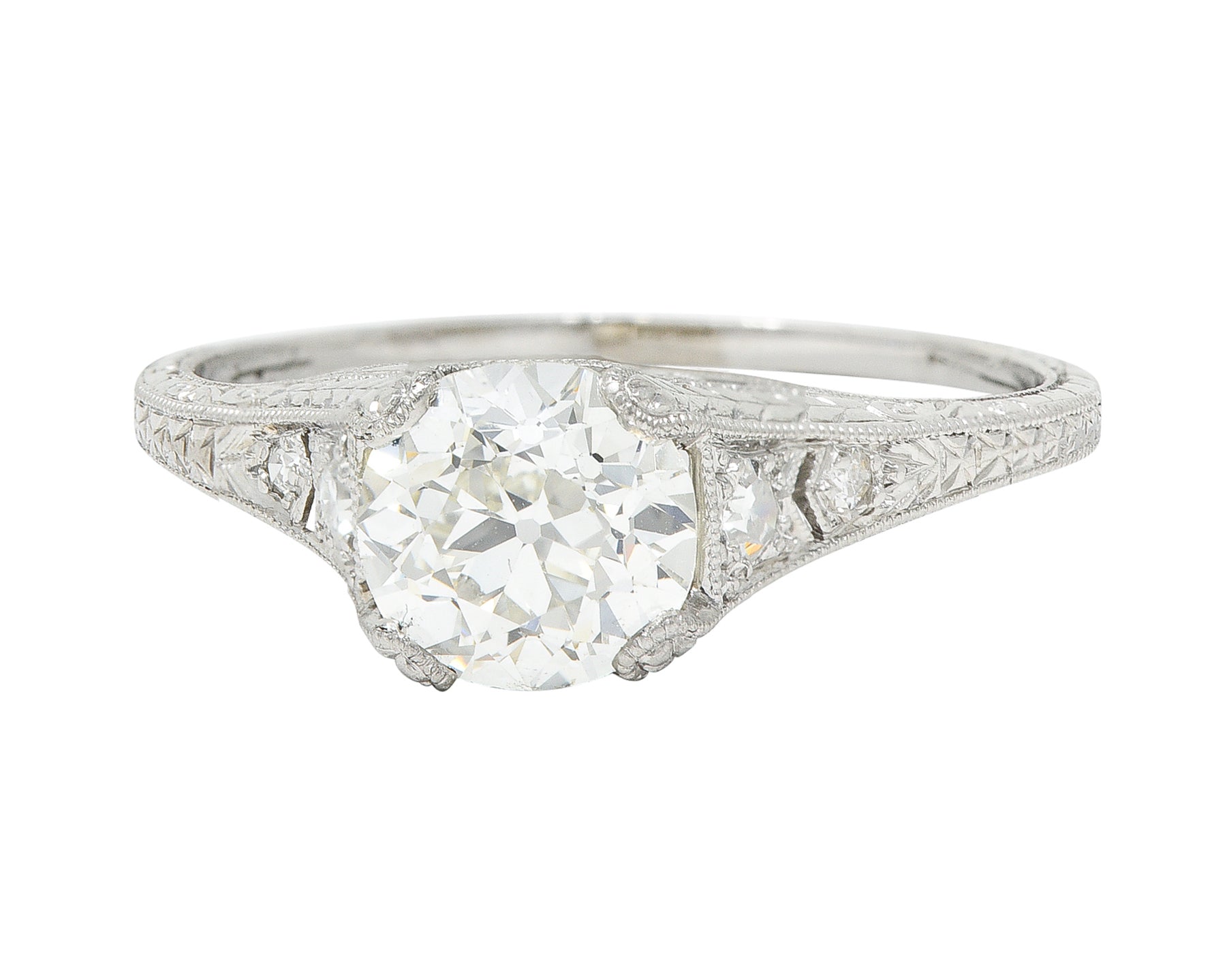 Late Edwardian Wheeler & Co. 1.48 CTW Diamond Platinum Engraved Engagement RingRing - Wilson's Estate Jewelry