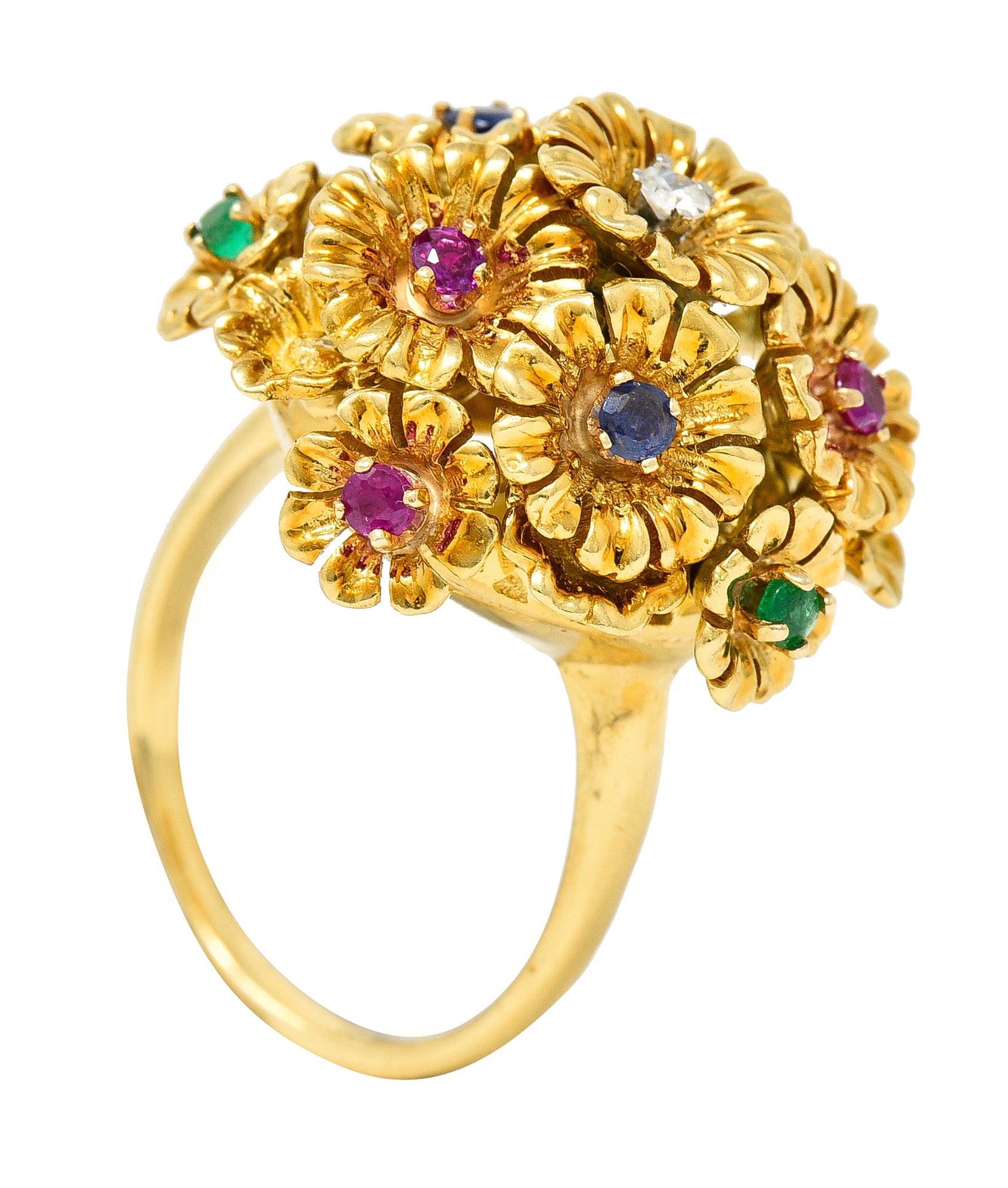 French Place Vendôme 0.35 CTW Sapphire Emerald Ruby Diamond 18 Karat Yellow Gold Vintage Tremblant Flower Ring Wilson's Estate Jewelry