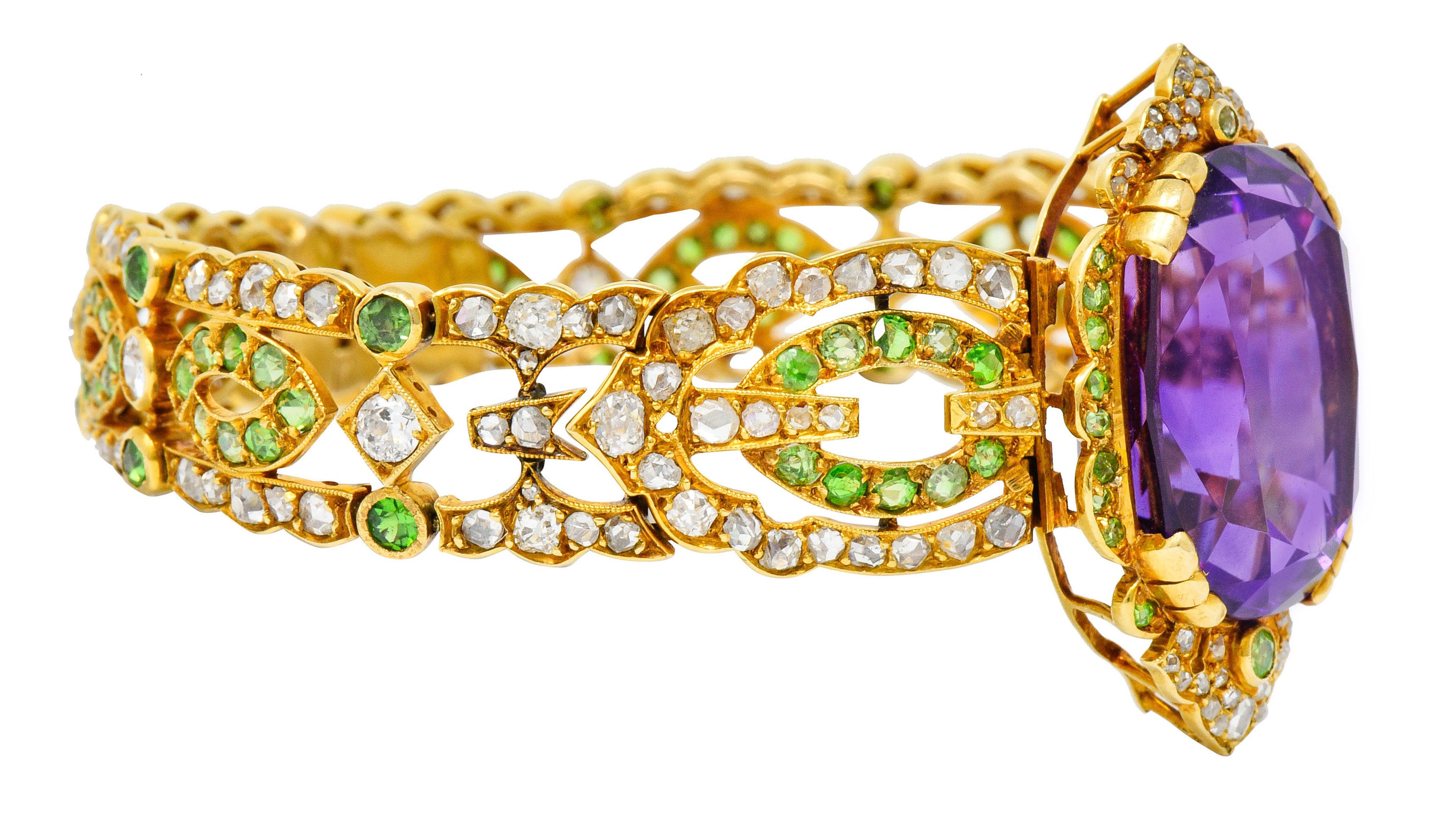 Suffragette Amethyst Demantoid Garnet Diamond 18 Karat Gold Decorous Braceletbracelet - Wilson's Estate Jewelry