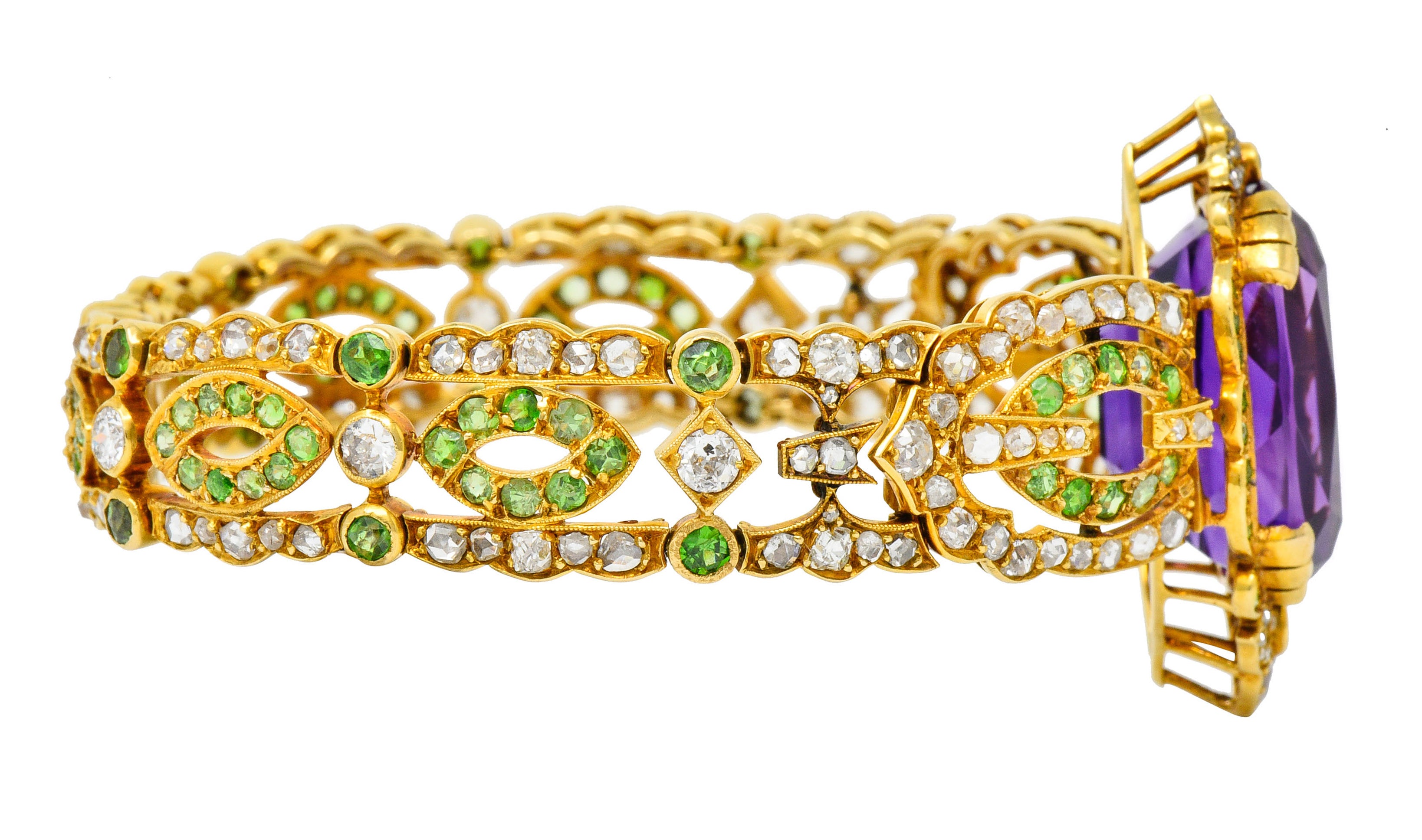 Suffragette Amethyst Demantoid Garnet Diamond 18 Karat Gold Decorous Braceletbracelet - Wilson's Estate Jewelry