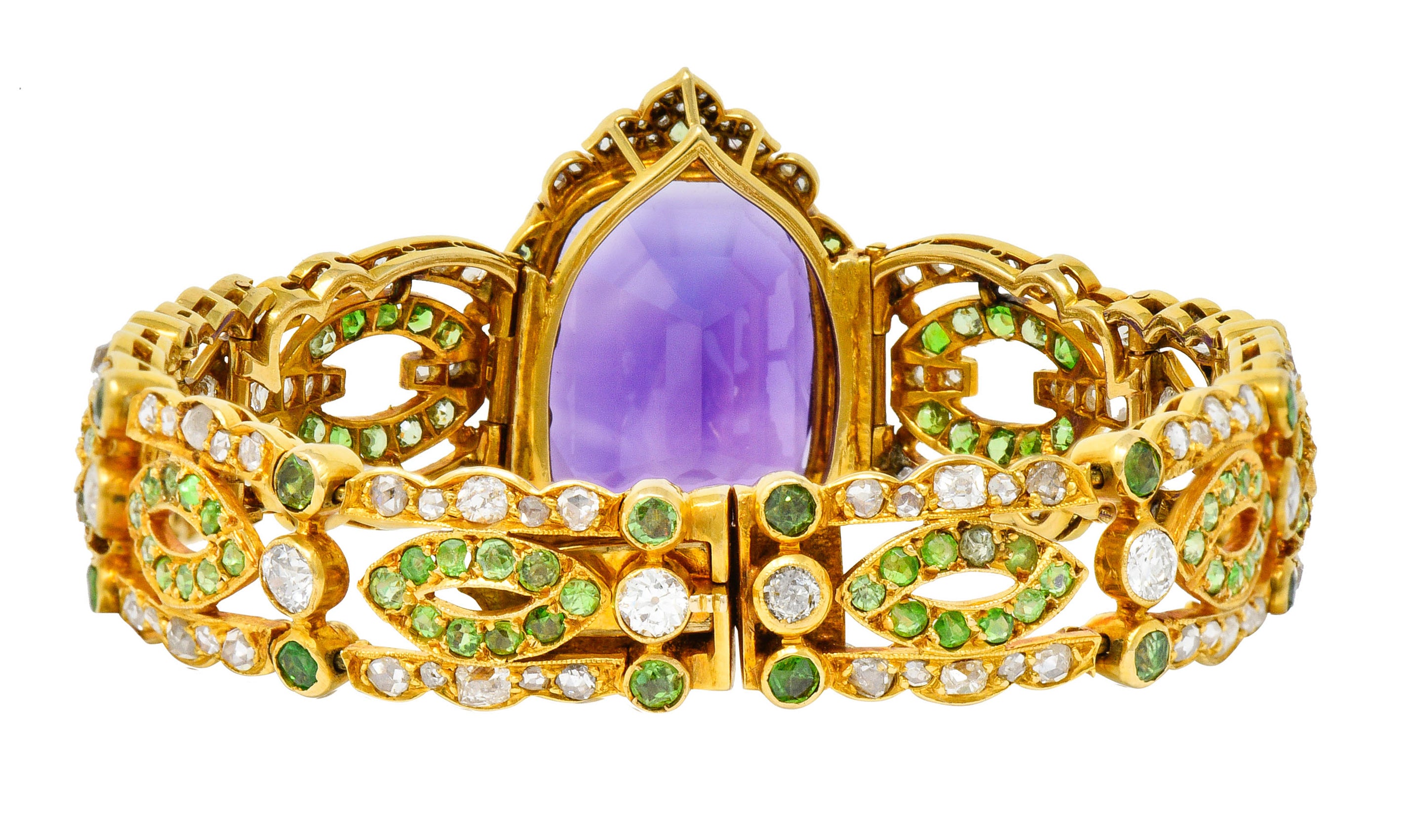 Suffragette Amethyst Demantoid Garnet Diamond 18 Karat Gold Decorous Braceletbracelet - Wilson's Estate Jewelry