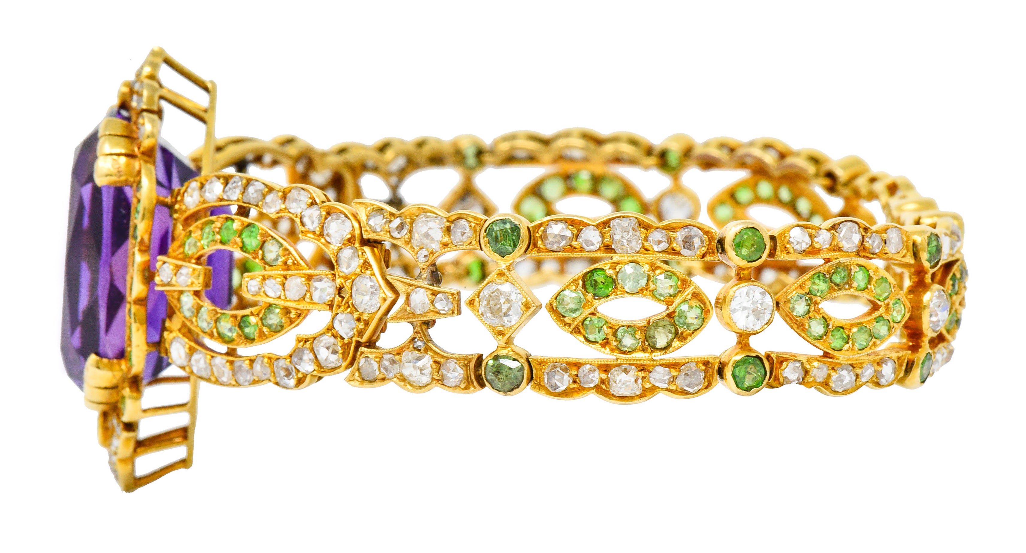 Suffragette Amethyst Demantoid Garnet Diamond 18 Karat Gold Decorous Braceletbracelet - Wilson's Estate Jewelry