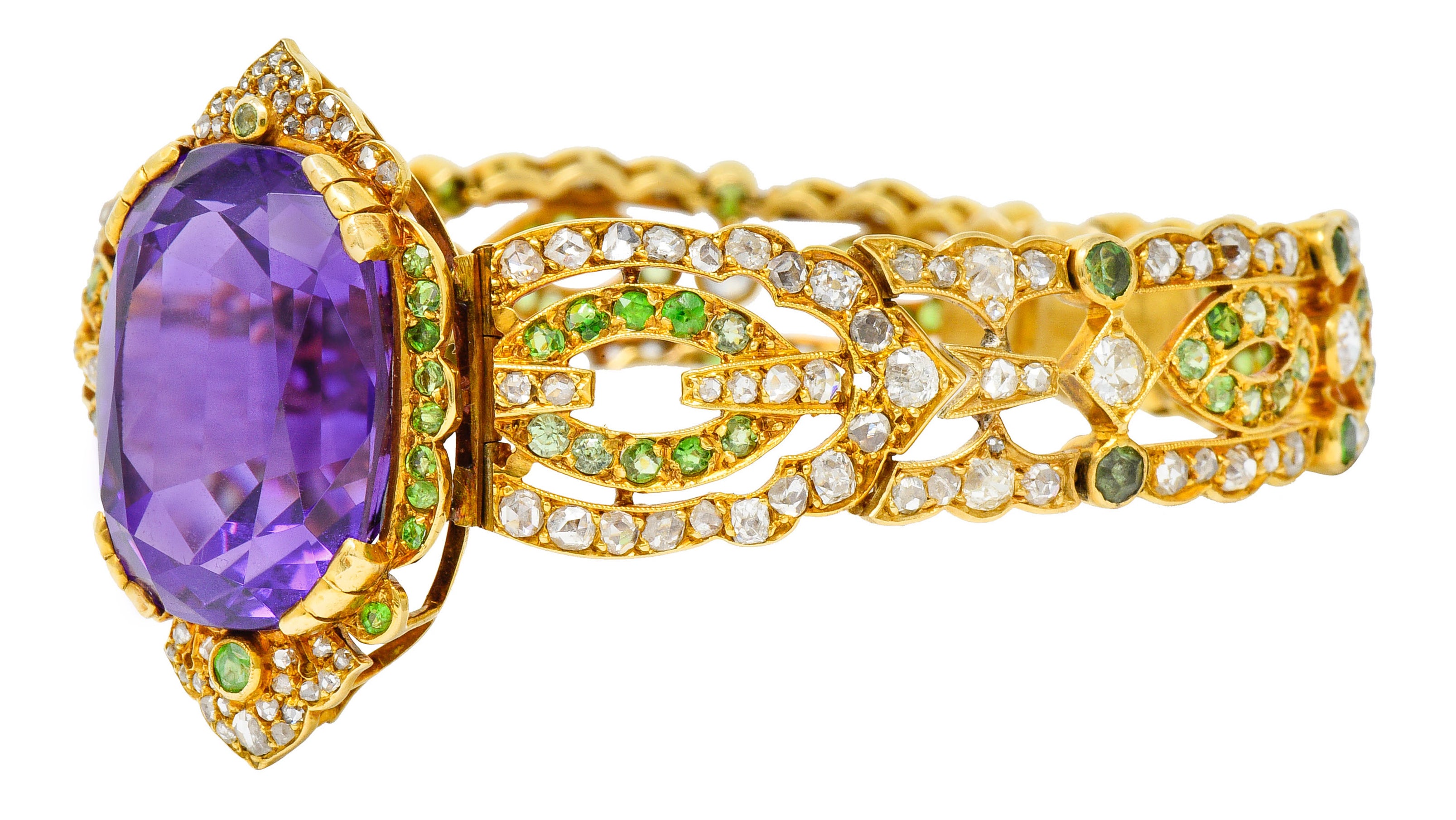 Suffragette Amethyst Demantoid Garnet Diamond 18 Karat Gold Decorous Braceletbracelet - Wilson's Estate Jewelry