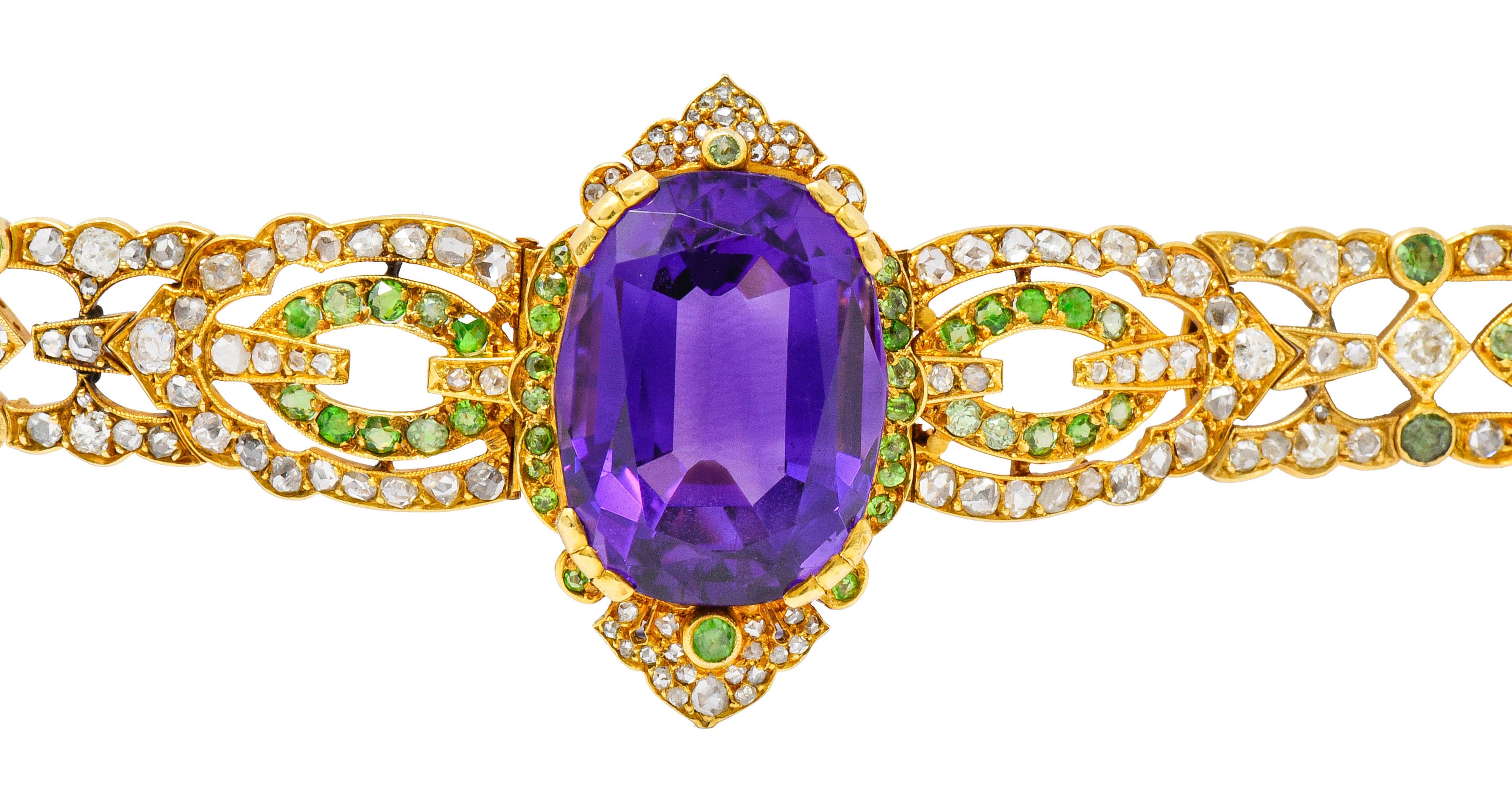 Suffragette Amethyst Demantoid Garnet Diamond 18 Karat Gold Decorous Braceletbracelet - Wilson's Estate Jewelry